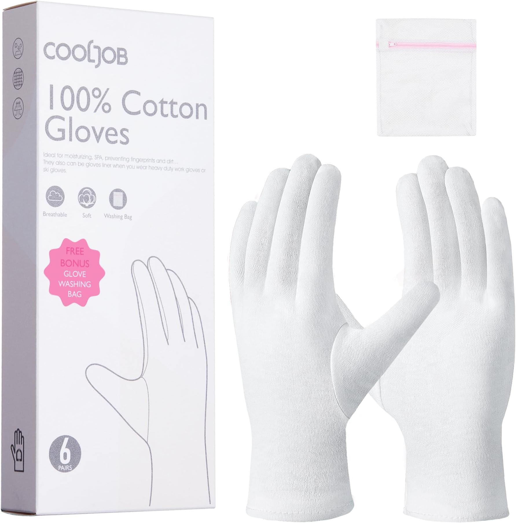 COOLJOB 100% Cotton Gloves, 6 Pairs White Cotton Gloves for Dry Hands Moisturizing & Eczema, Overnight Lotion, Sleep & Spa Treatment for Women & Men, Breathable Work Glove Liners, Medium Size