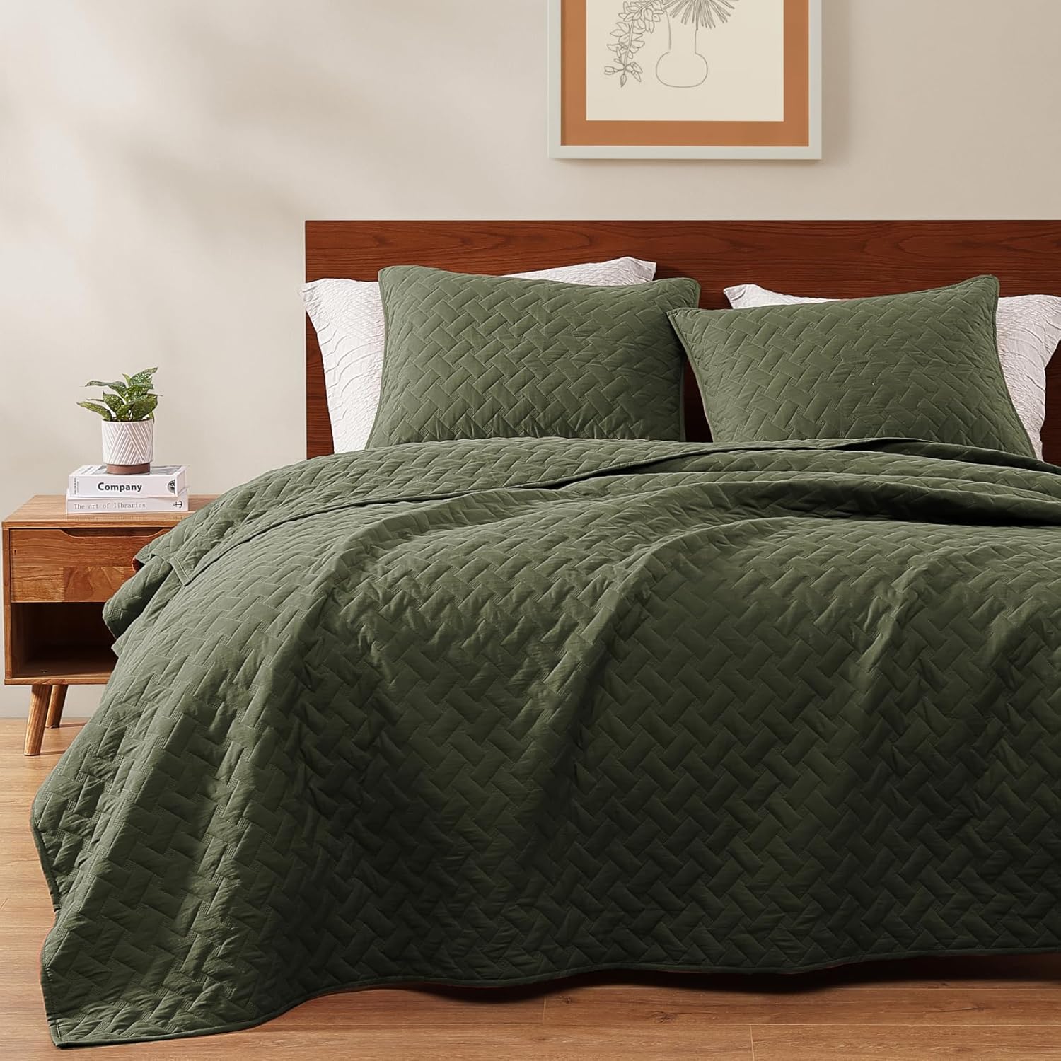 WRENSONGE Queen Quilt Set-3 Pieces Basket Weave Olive Green Bedspreads Queen Size Quilt Bedding for All Seasons, Soft Summer Coverlet with 2 Pillow Shams Suitable for Bed, Couch, Quilt Blanket Olive Green-weave Queen(90" x 94”)