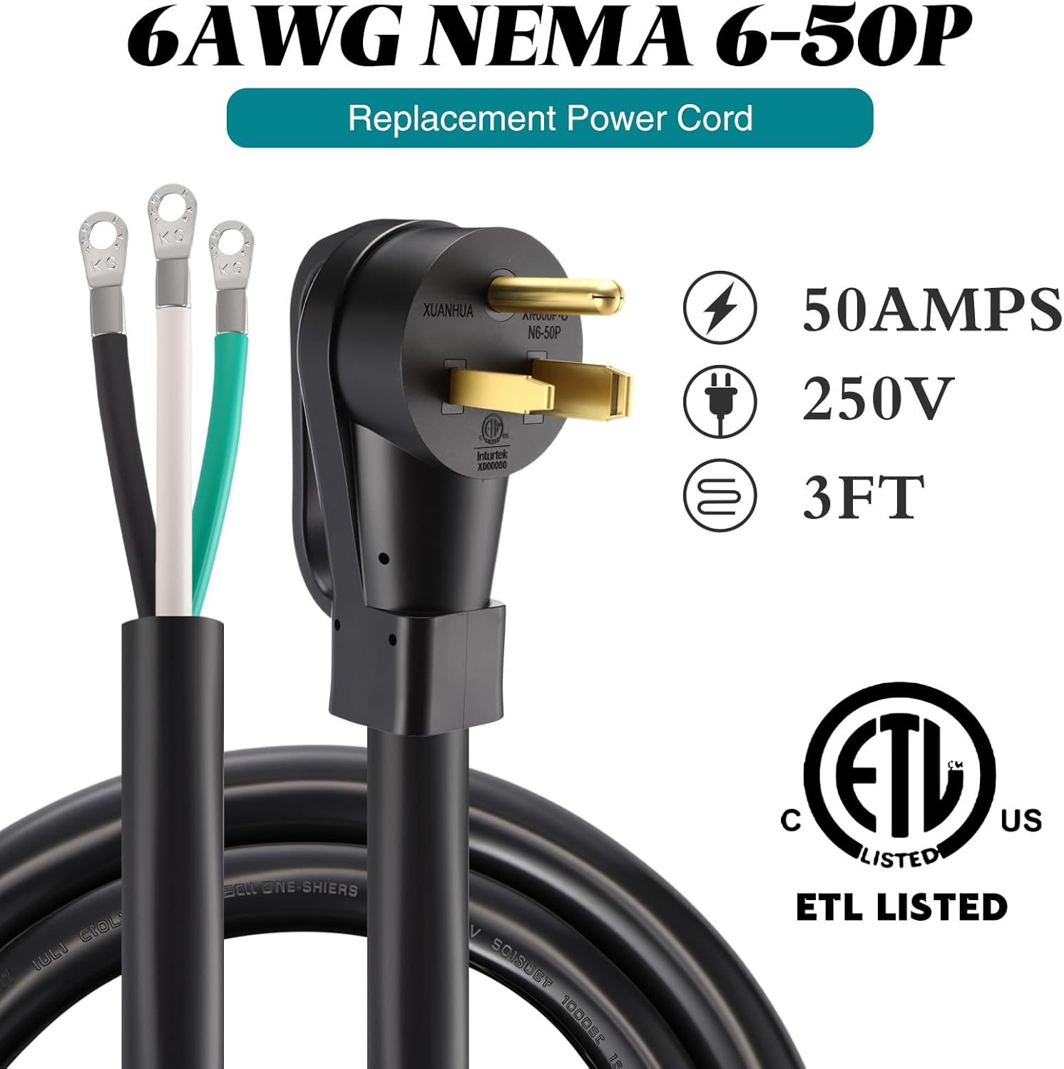 Kanayu 3 FT 6 AWG 3 Prong Replacement Power Cord Compatible with NEMA 6-50P 50 Amp 250V Welder Extension Cable with Open End for Welder Dryer Garage Heater Generator, ETL Listed