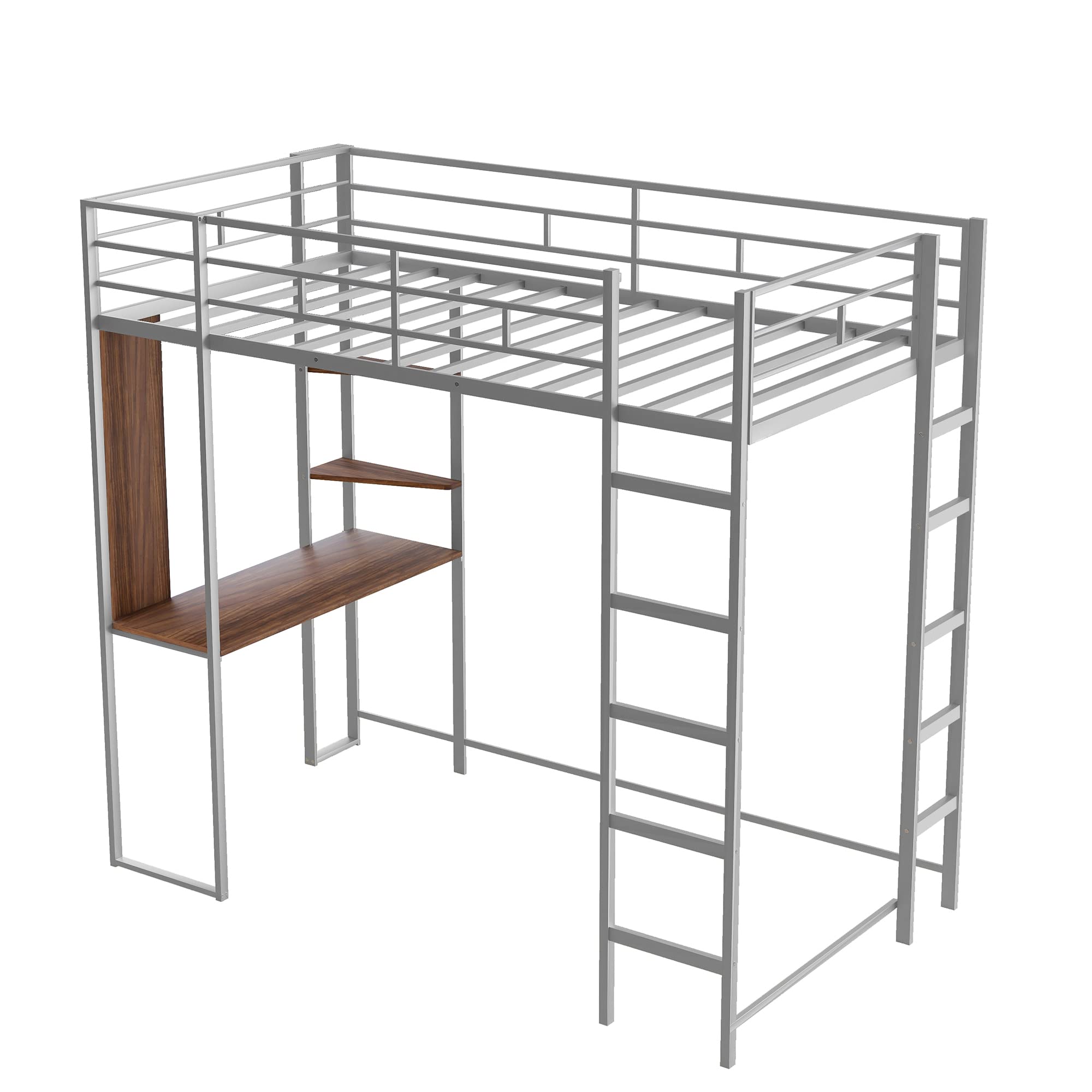 Twin Metal Loft Bed With Desk & Shelves - Space Saving Bed Frame For Kids, Teens, Dorms, Silver
