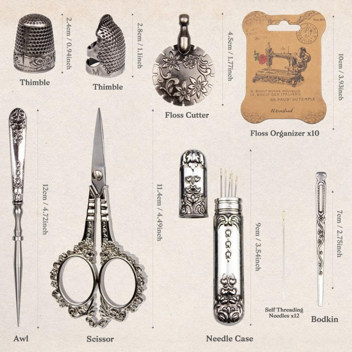 SubsOL Kit de Costura Vintage, Juego Completo de Tijeras para Bordar Antiguas de Estilo Europeo, Suministros para Manualidades DIY de Costura Retro con Tijeras y Agujas(Vintage Silver)