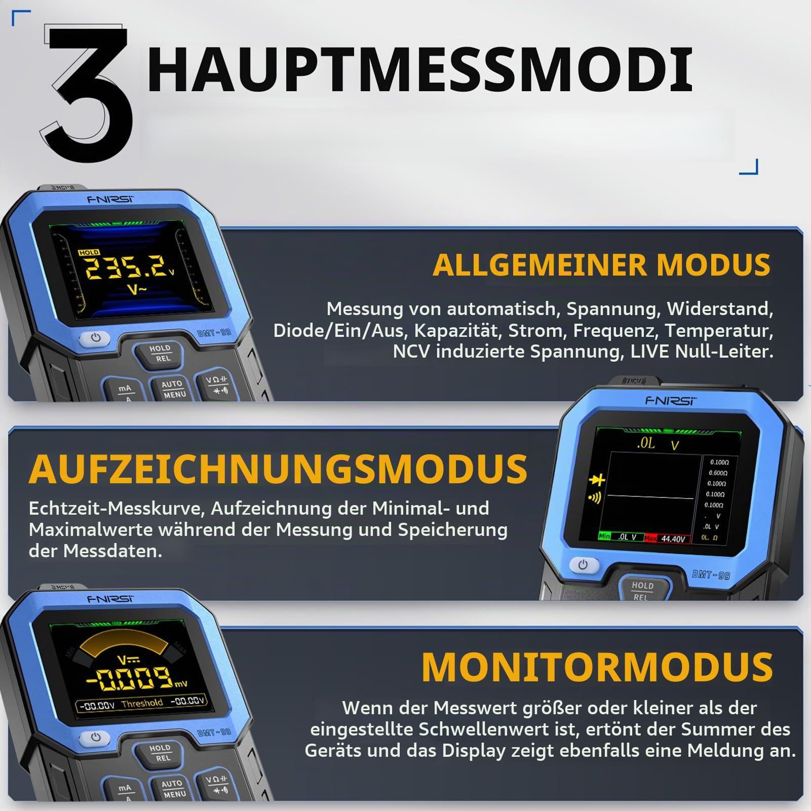 DMT-99 Multimeter Spannungsprüfer 2,4in TFT-HD-Farbbildschirm automatische Erkennung des Strommessgerät 10000 Zählungen, mit Überwachungs Aufzeichnungsmodus Intelligenter Schutz.