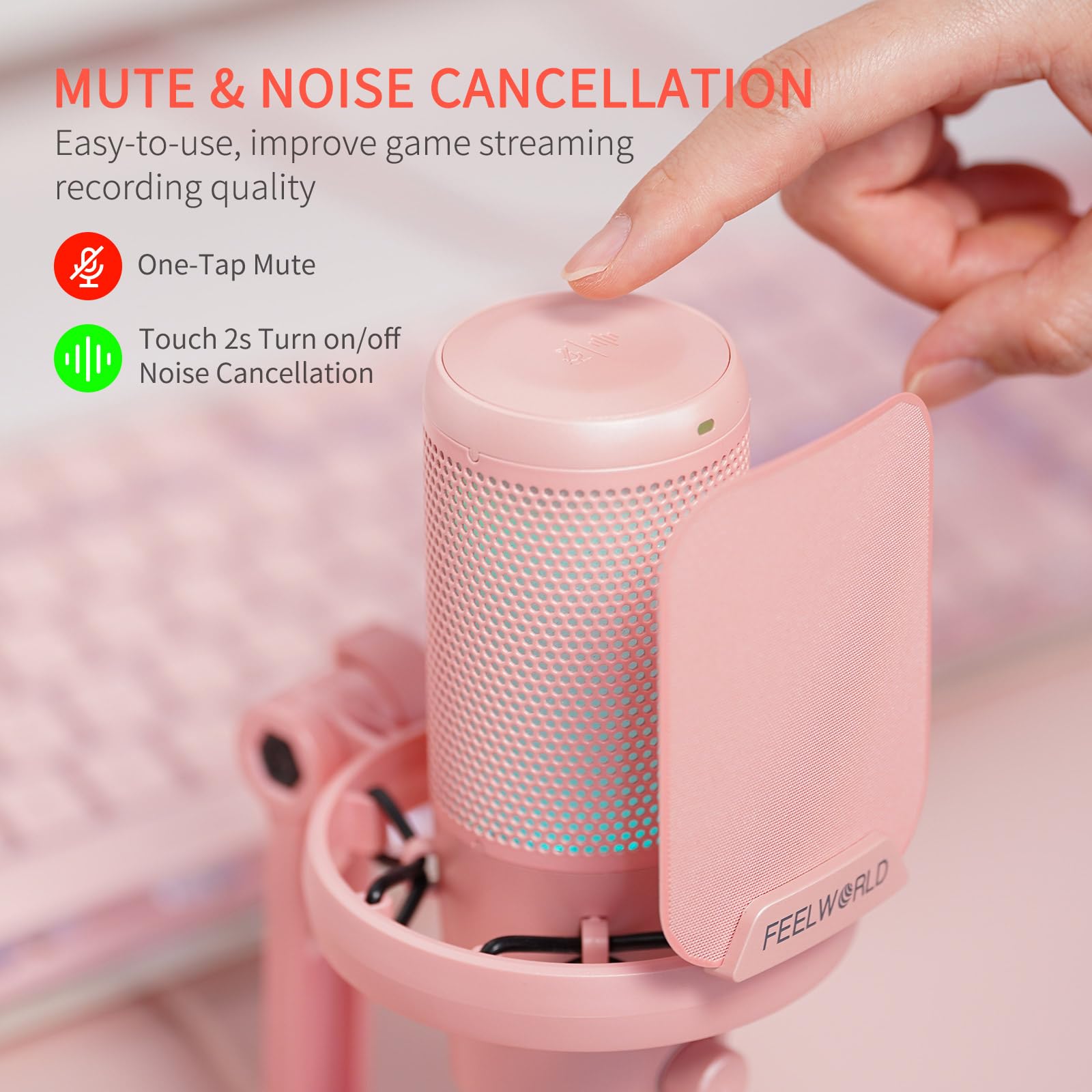 FEELWORLD VM1 Rosa Gaming PC USB Microfono a condensatore con cancellazione del rumore Mute RGB Light, Accessori per computer per Gamer YouTube Twitch Podcast Streaming Registrazione Online Chat