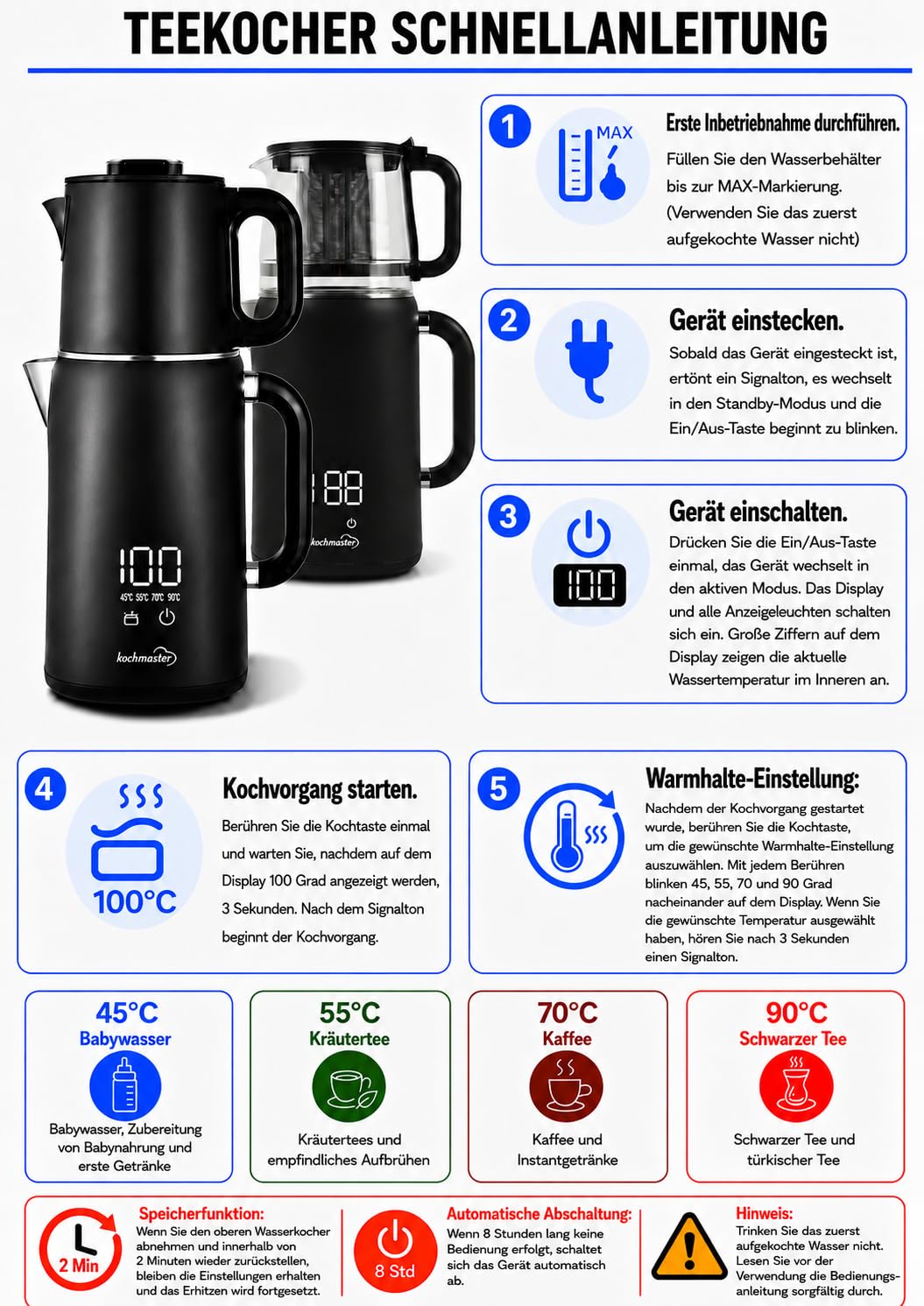 Dem Keyfi Pro ekspres do herbaty, cyfrowy, 1,5 l + 1,1 l, 1800 W, stal nierdzewna, z regulacją temperatury i funkcją utrzymania ciepła