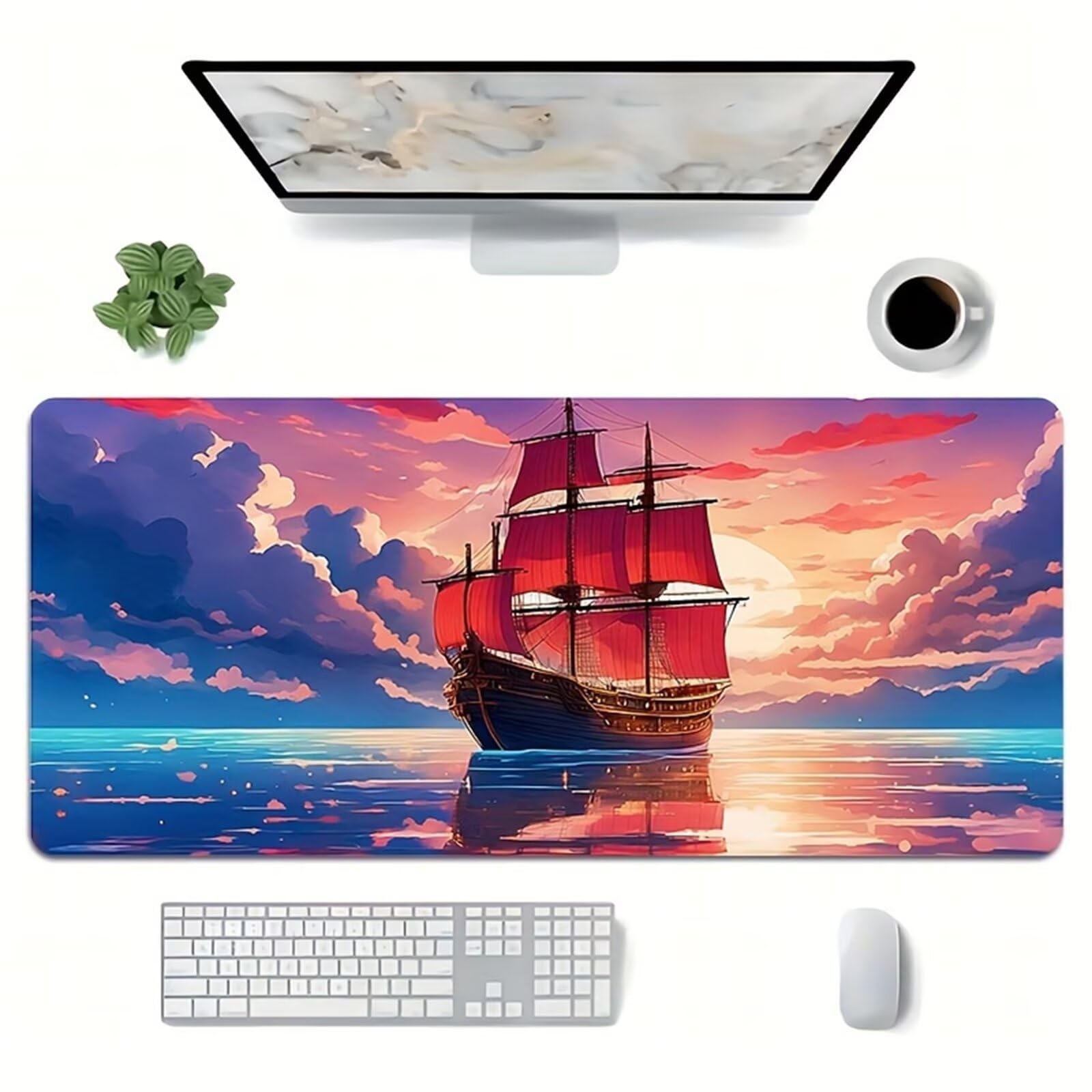 Tappetino Mouse Gaming XXL 1200x600x3 mm, Tappetino da Scrivania Grande, con Bordi Cuciti Rinforzati, Base in Gomma Antiscivolo, Tappetino per Tastiera Lavabile per PC e Laptop, Tramonto Barca Vela