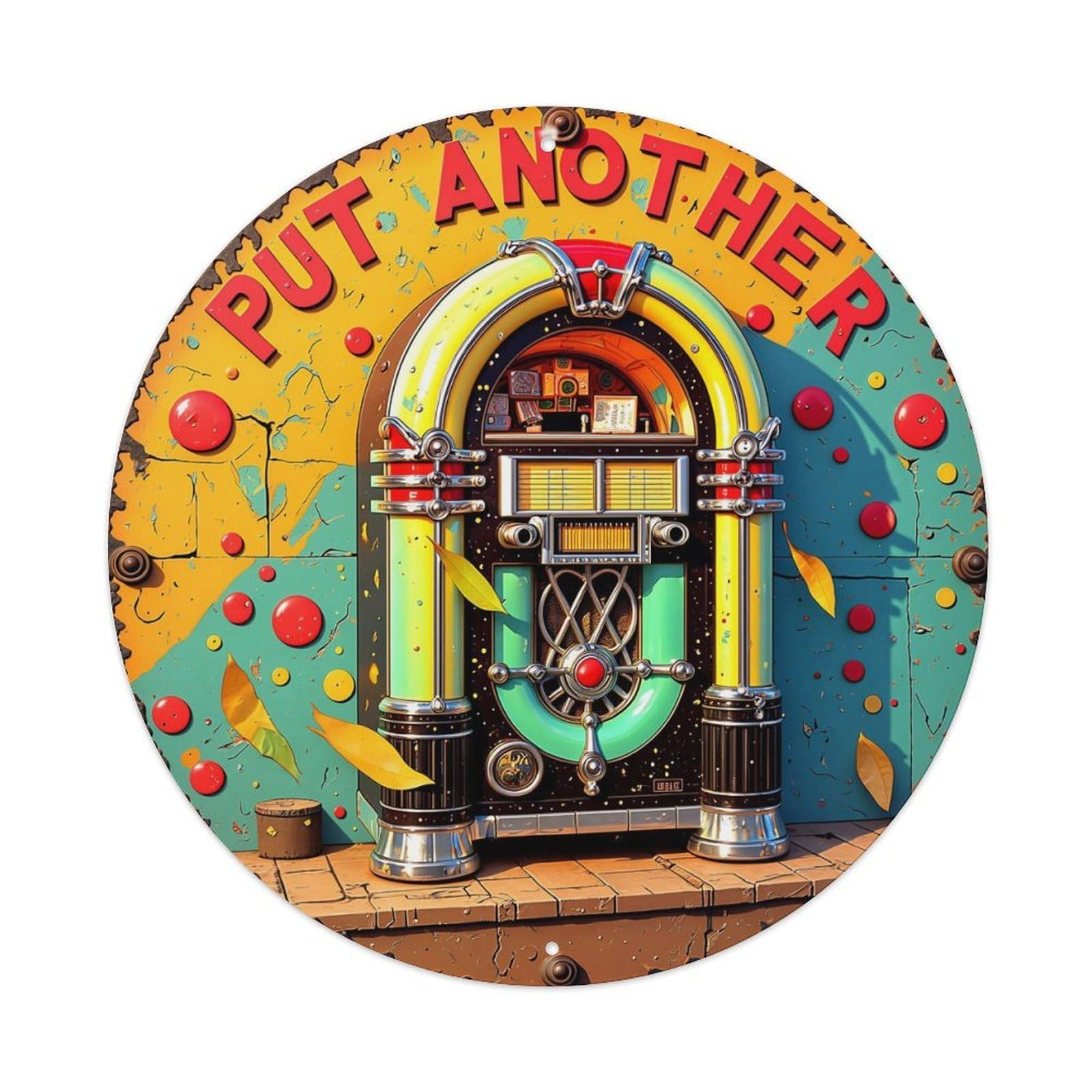 Retro Jukebox Art Design Pattern Vintage Round Tin Sign Retro Metal Wall Decor Metal Poster, Home Bar Garage Cafe Wall Art Decoration 8x8Inches