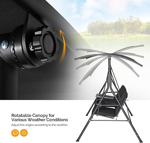 Miniatura 4 de VINGLI Columpio de porche al aire libre con toldo, columpio de toldo resistente de 550 libras con soporte para tazas, bolsa de hielo y cojines para