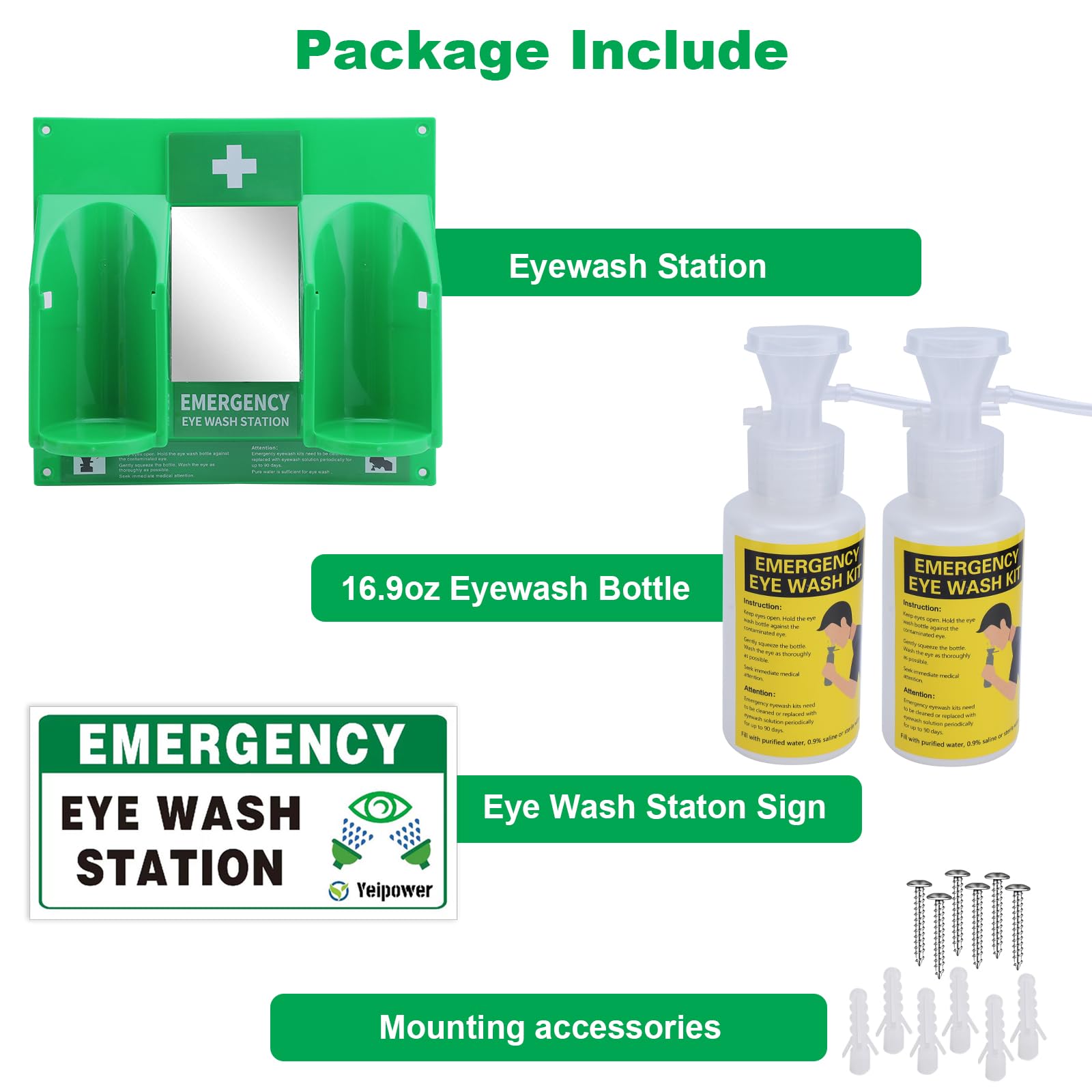 Kit de ducha ocular portátil aprobado por OSHA - Botellas de lavado de ojos de emergencia para montaje en pared 473 ml sin solución 2 piezas