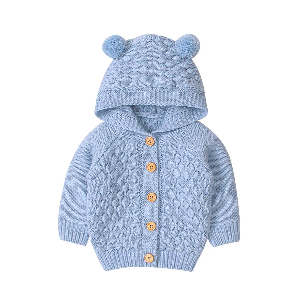 RNTOP Toddler Baby Girls Boys Cardigan Sweaters Long Sleeve Button Down Knit Sweater Hooded (Light Blue, 6-12 Months)