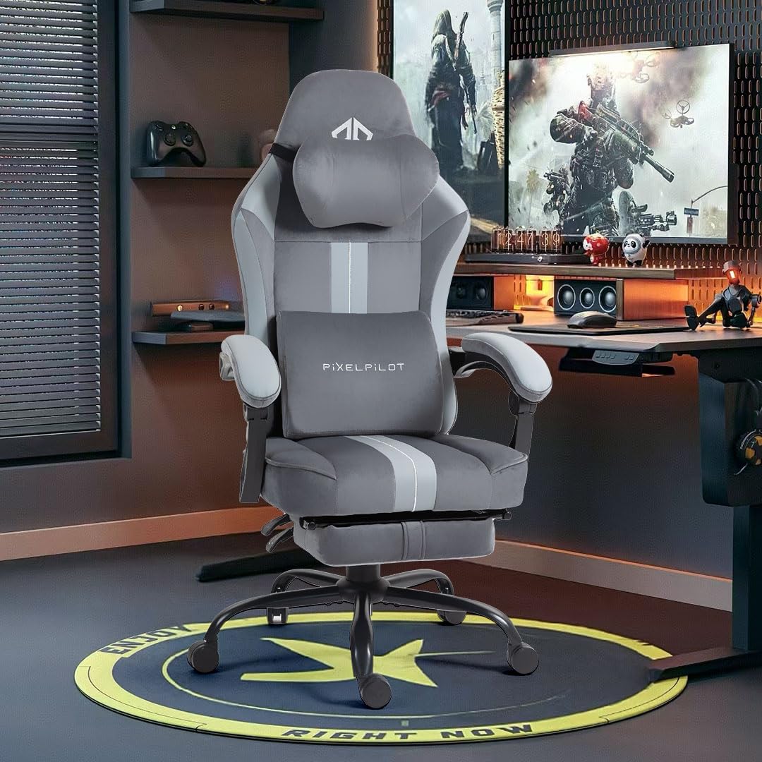 PixelPilot Chaise de jeu ergonomique avec repose-pieds, tissu respirant, chaise de bureau gamer avec appui-tête, soutien lombaire, large assise, 150 kg (gris)