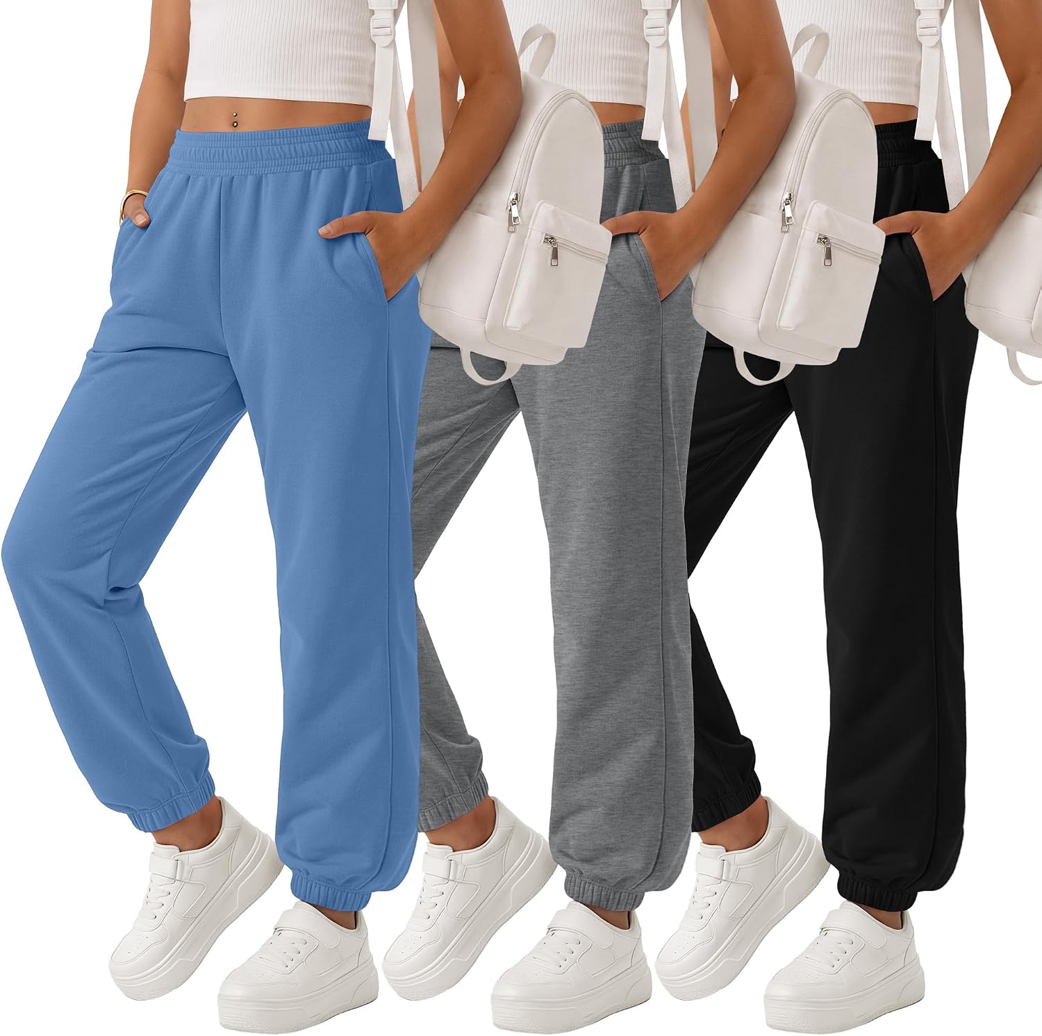 3 Pack Girls Sweatpants Joggers Athletic Kids Elastic Waist Pants Cuffed Ankles Active Casual with Pockets 5-14Y