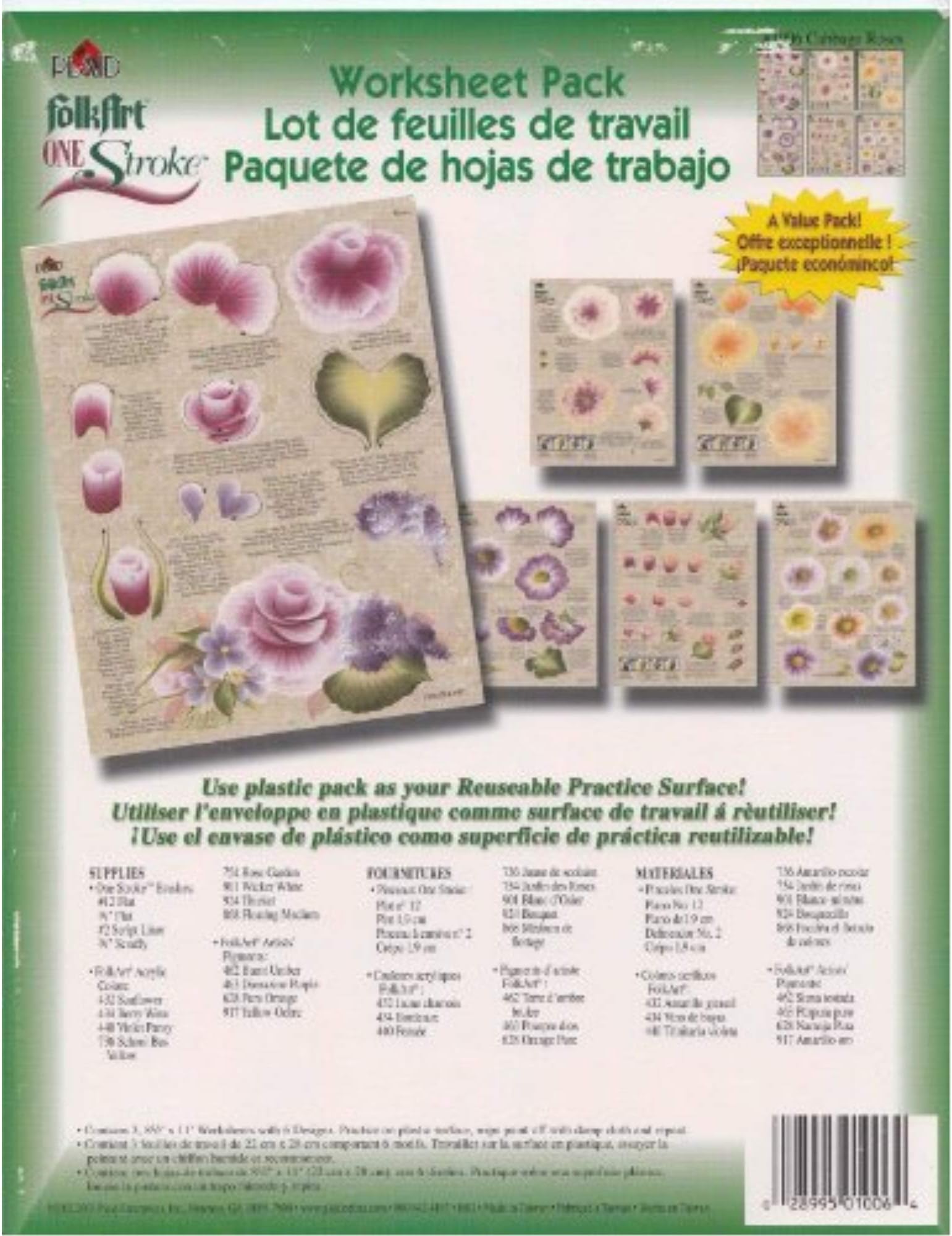 Donna Dewberry One Stroke Reusable Reversible Painting Teaching Guides Paint Worksheet Petal Flowers Cabbage Roses Shabby Chic Pack Supplies Set 3 Double Sided Plastic Coated Practice Sheets 1006