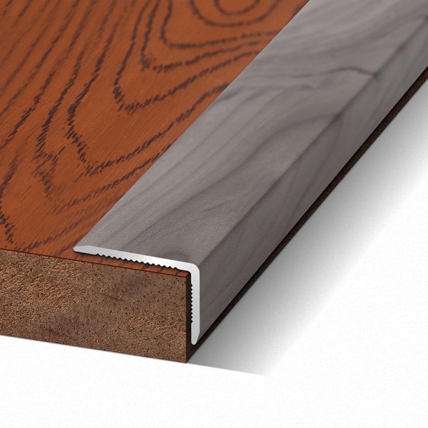 Wood Grain Right Angle L-Shaped Floor Transition Strip, Aluminum Trim Strip, Stair Nose Edging Corner Guards, Laminate Tile Edge Protectors, Peel Stick Stone Step Cover(Grain Grey,L900xW30xH20mm)