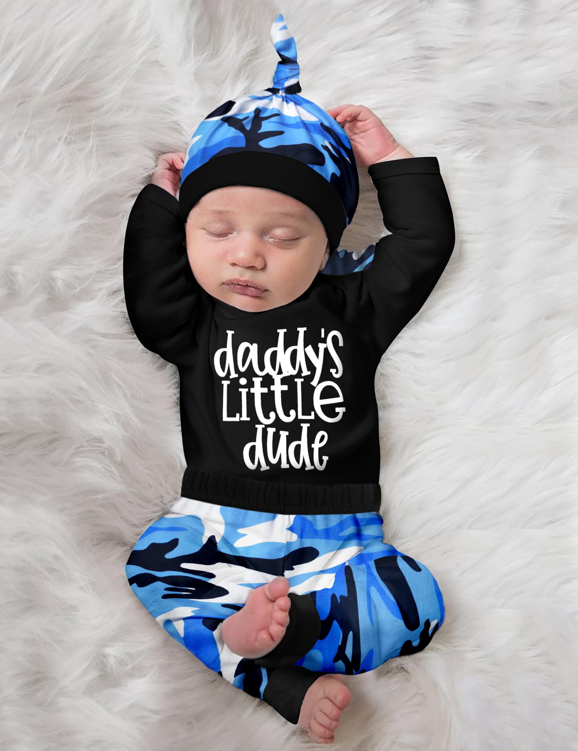 Oranchids Baby Boy Clothes 3-6 Month Daddy's Little Dude Camo Romper + Camouflage Pants + Hat Outfit Black