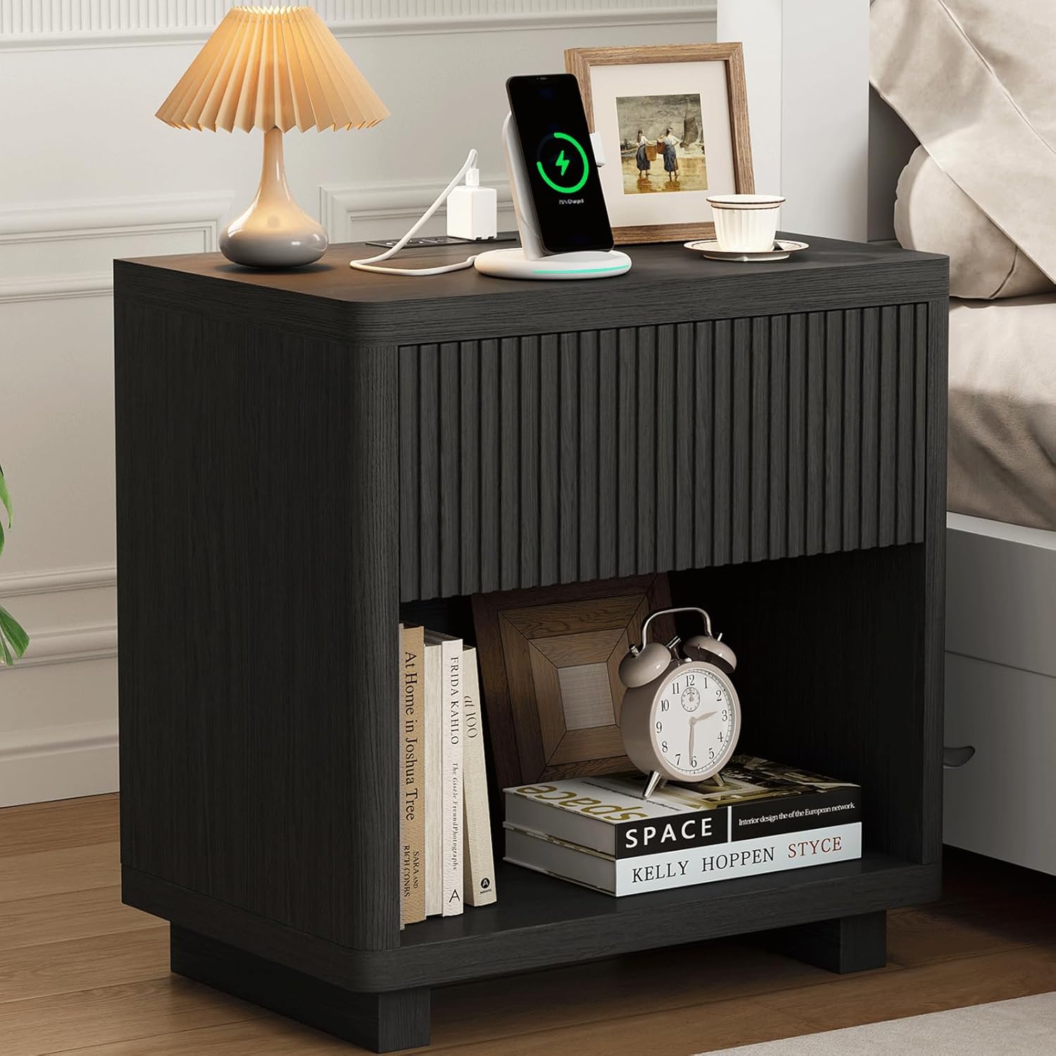 24" Wide Nightstand with Charging Station, Modern Fluted Bedroom Nightstand with Drawer, Wood Night Stand with Storage and Outlet, Bedside Table with an Open Storage Space for Bedroom, Black
