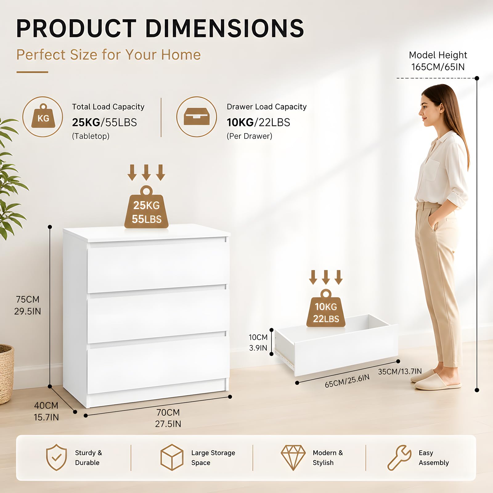 Cómoda Blanca sin Tiradores, Cajonera 70 cm Ancho, Moderno Aparador 3 Cajones para Dormitorio y Pasillo, Ahorro de Espacio 40 cm Fondo, Mate