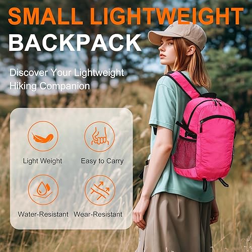 Miniatura 2 de Mochila de senderismo pequeña, mochila de senderismo impermeable de 15 litros, plegable, ligera, mochila de viaje para mujeres y hombres, Rosado,