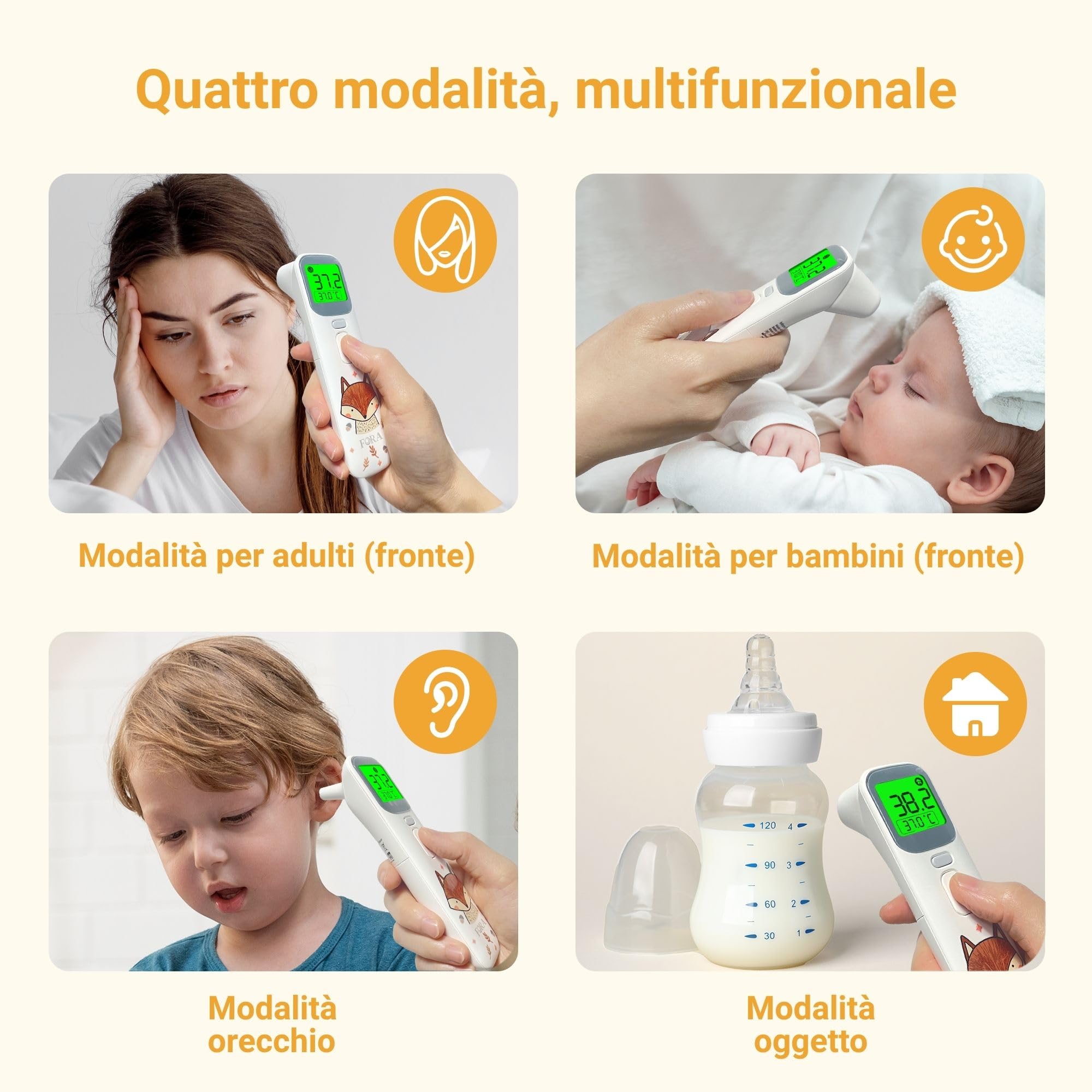 FORA Thermomètre Auriculaire et Frontal pour Bébé, Enfant et Adulte – Multi-Fonction Digital avec Indicateur de Fièvre, Mode Silencieux, Mémoire, Affichage 4 Couleurs – Compact et Hygiénique