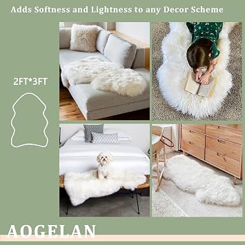 AOGELAN Premium Genuine Sheepskin Rug, Genuine Sheepskin Natural Fluffy Fuzzy Lambskin Fur Area Rug for Kids Bedroom Sofa Chair Seat Cover Pets Dogs Mat Single Pelt/2'x 3' White/Ivory