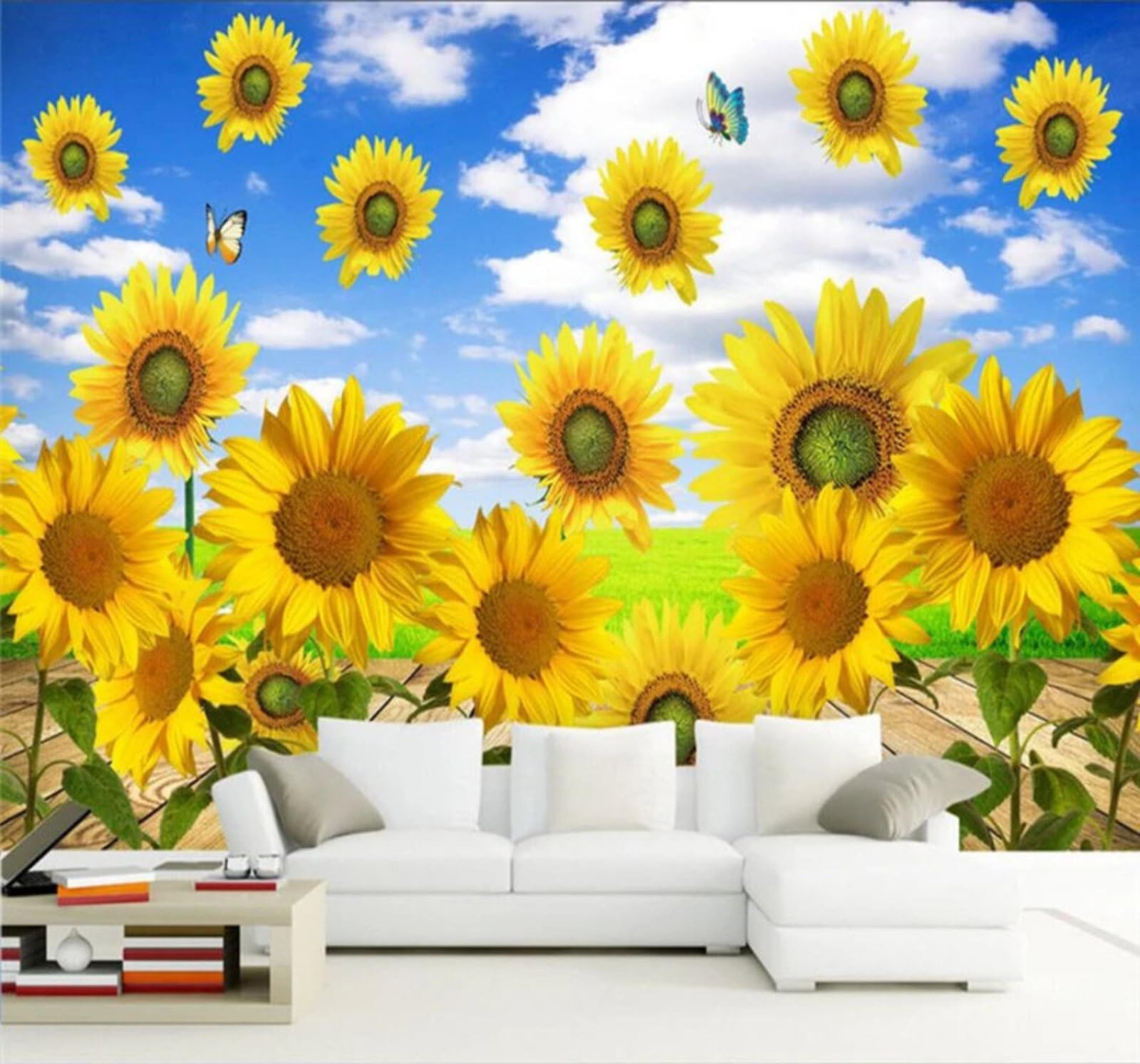 Aesthetic Sky Sunflowers Butterflies Scenery 3D Wallpaper Easy Install Feature Office Living Room Sofa Bedroom TV Background Wall Decoration-350cm×256cm