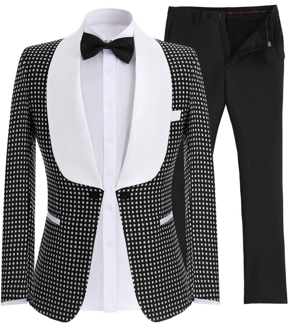 Uomo Smoking a Pois per Lo Sposo, Due Pezzi, Un Bottone, Sciallato, Bavero, Casual, per Matrimoni, Feste