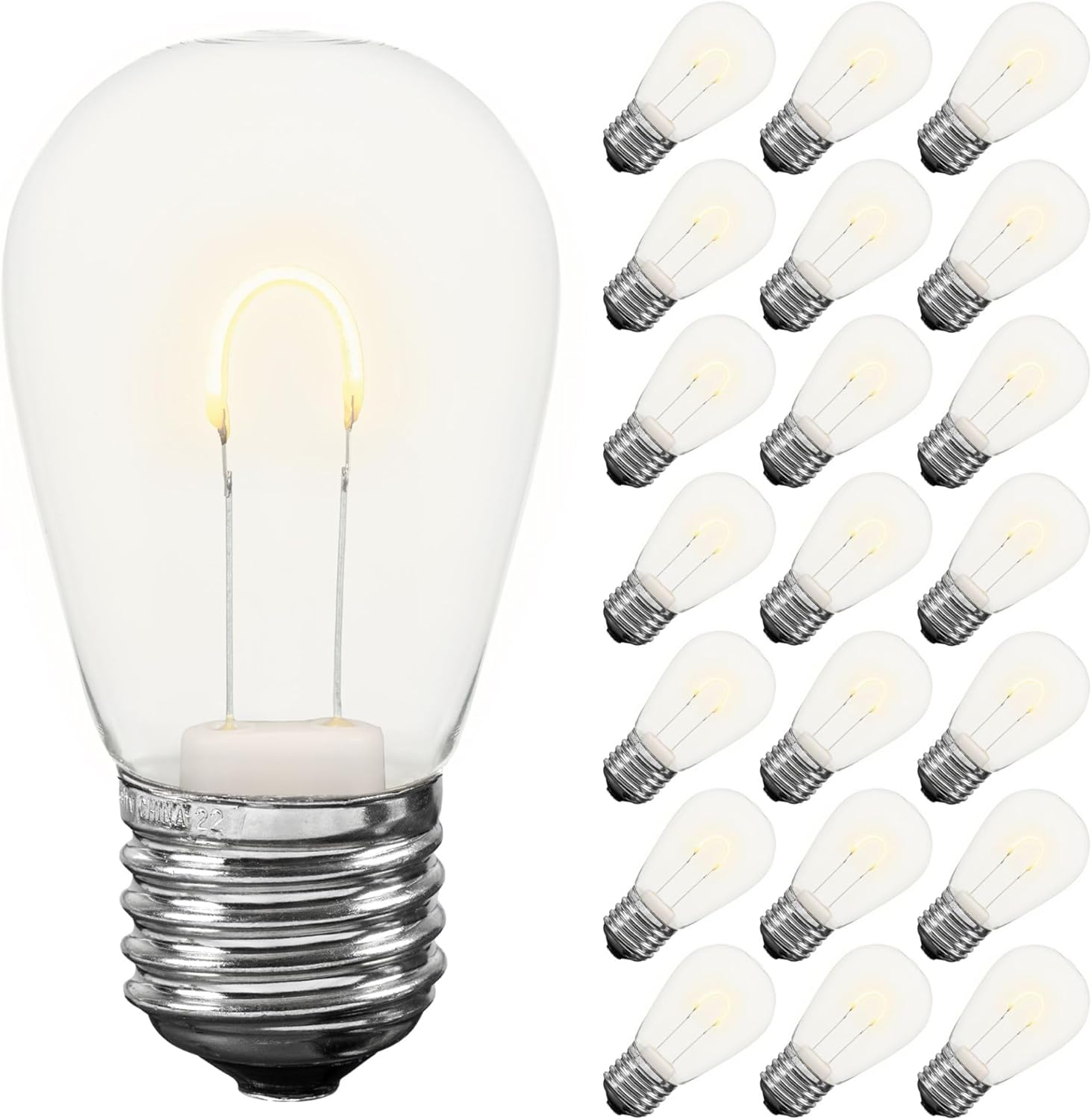 Novelty Lights 25 Pack S14 LED Plastic Flex Filament Outdoor Patio Globe Replacement Bulbs, Frosted Warm White, Dimmable, E26 Medium Base, 0.8 Watt