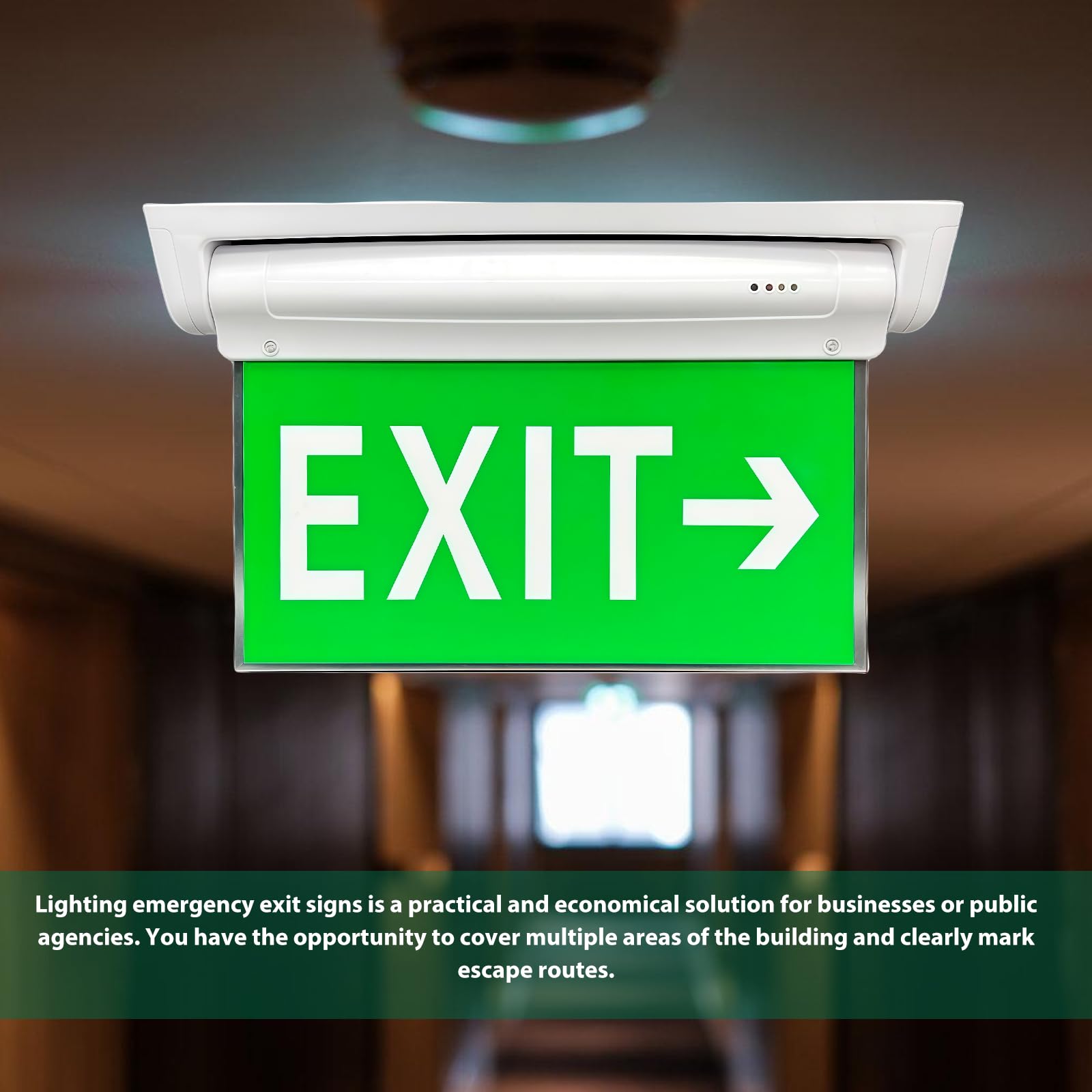 Iluminación LED de emergencia de doble cara con duración de batería de 3 horas, protección IP30 contra salpicaduras, batería de litio de carga automática, 6 pictogramas intercambiables, luz