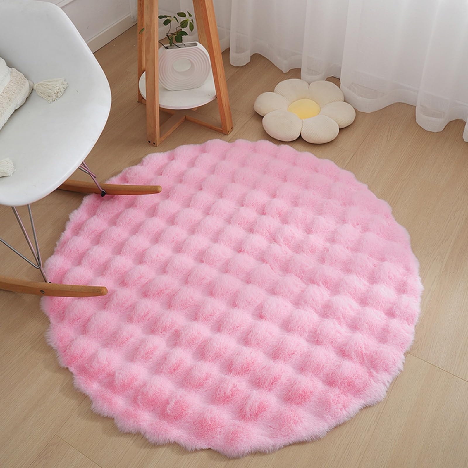 KRIPINC Round Faux Sheepskin Rug, Shaggy Faux Fur Rug, Pink Fluffy Carpet, Home Decor Washable Round Kids Floor Mats