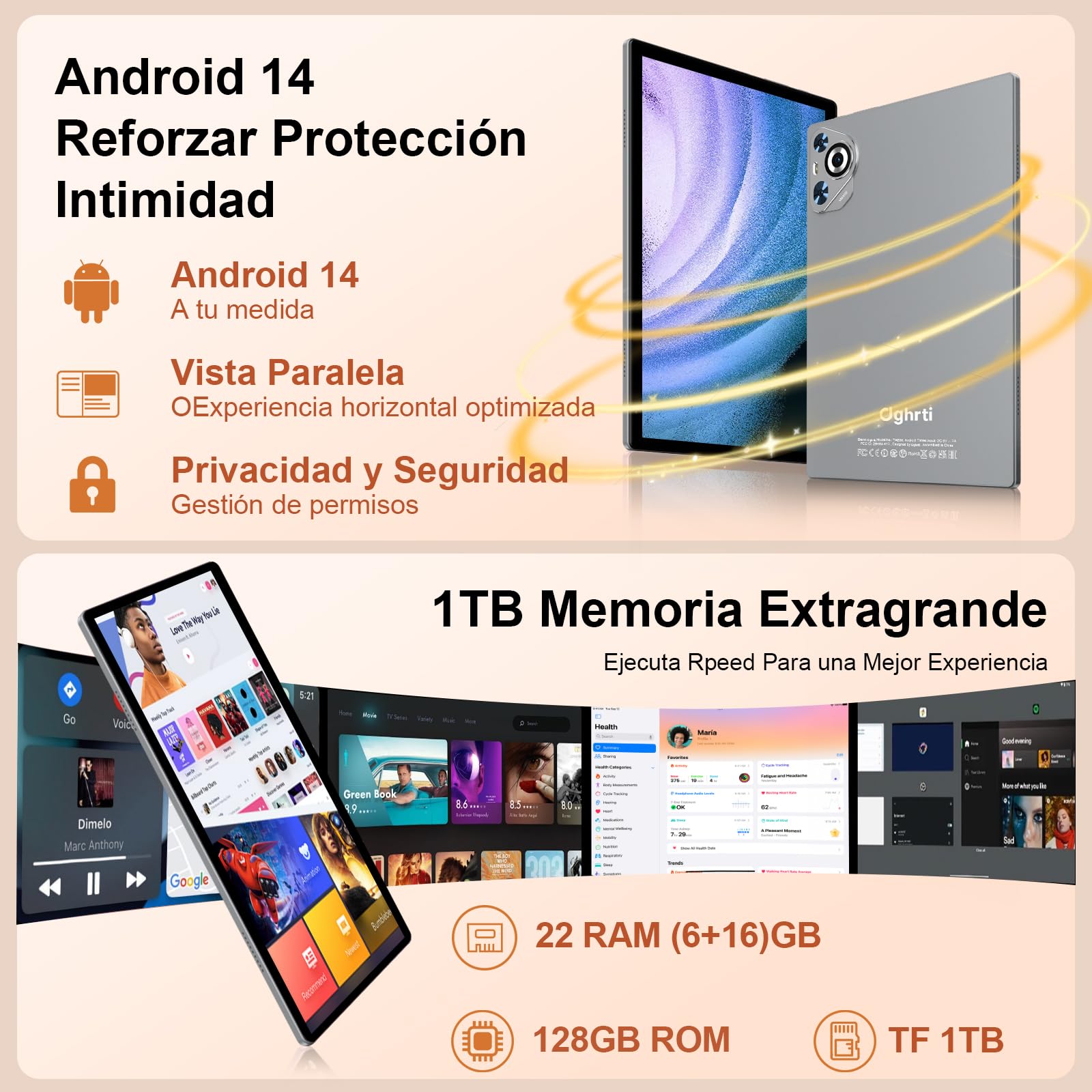 Dghrti 2025 Newest Tablet 10 pollici Android 14, 22(6+16) GB RAM+128GB ROM/TF 2TB, 8-Core, 8000mAh, GPS, Face ID, Widevine L1, BT5.0, 8MP+5MP, WLAN 6, Controllo Parentale, Tastiera, Mouse, Gray