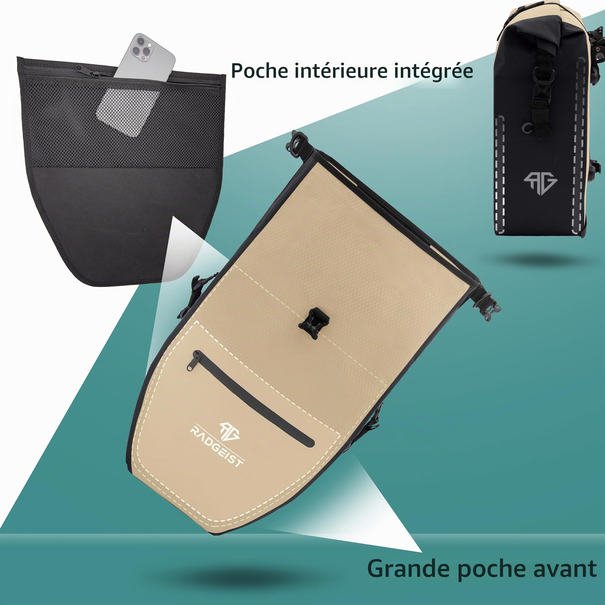 RADGEIST Lot de 2 sacoches de vélo pour porte-bagages de vélo, étanches et sac à bandoulière, avec réflecteurs