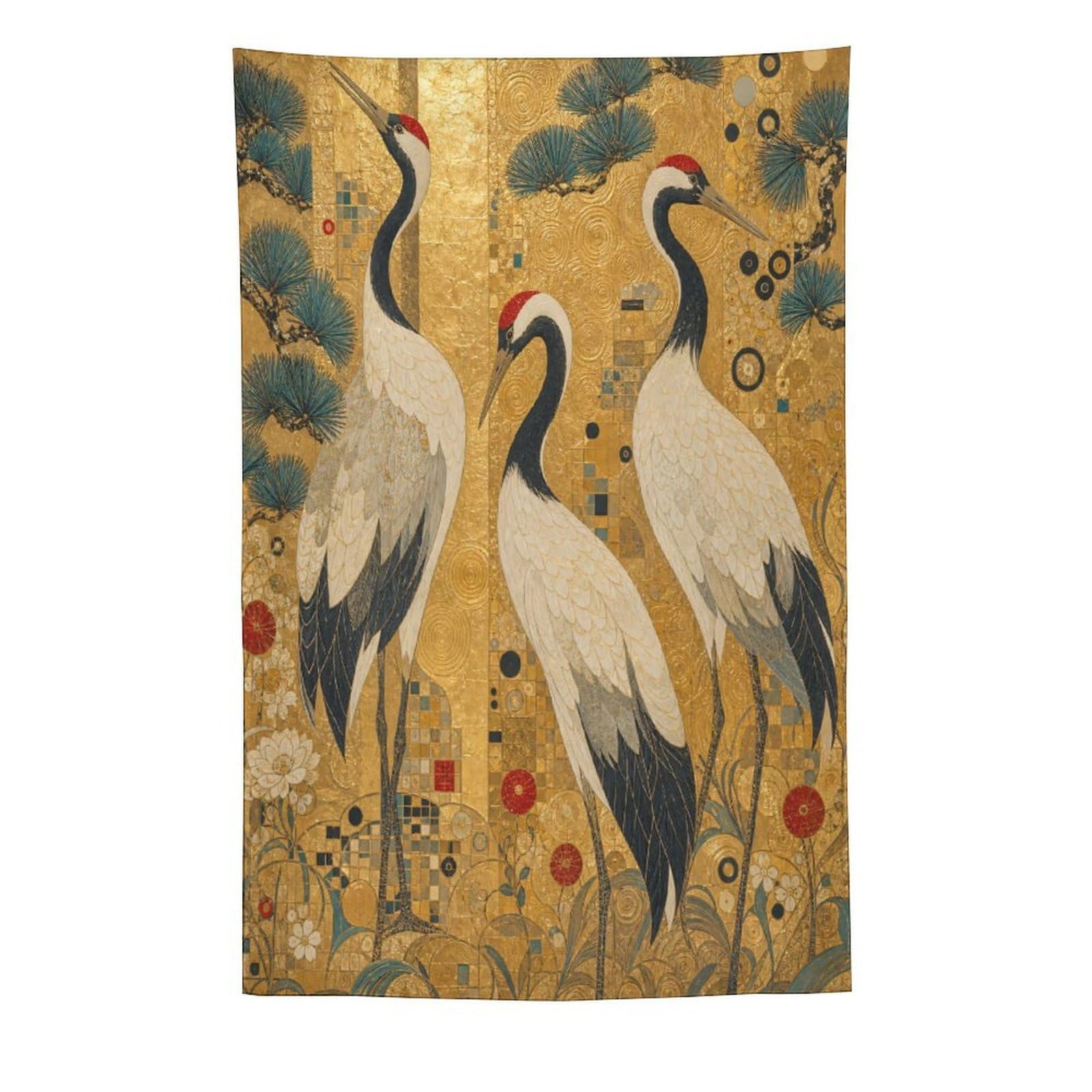 W7C8U2X3 Cranes and Pine Trees Wall Tapestry, Ukiyo-e Style, Room Divider