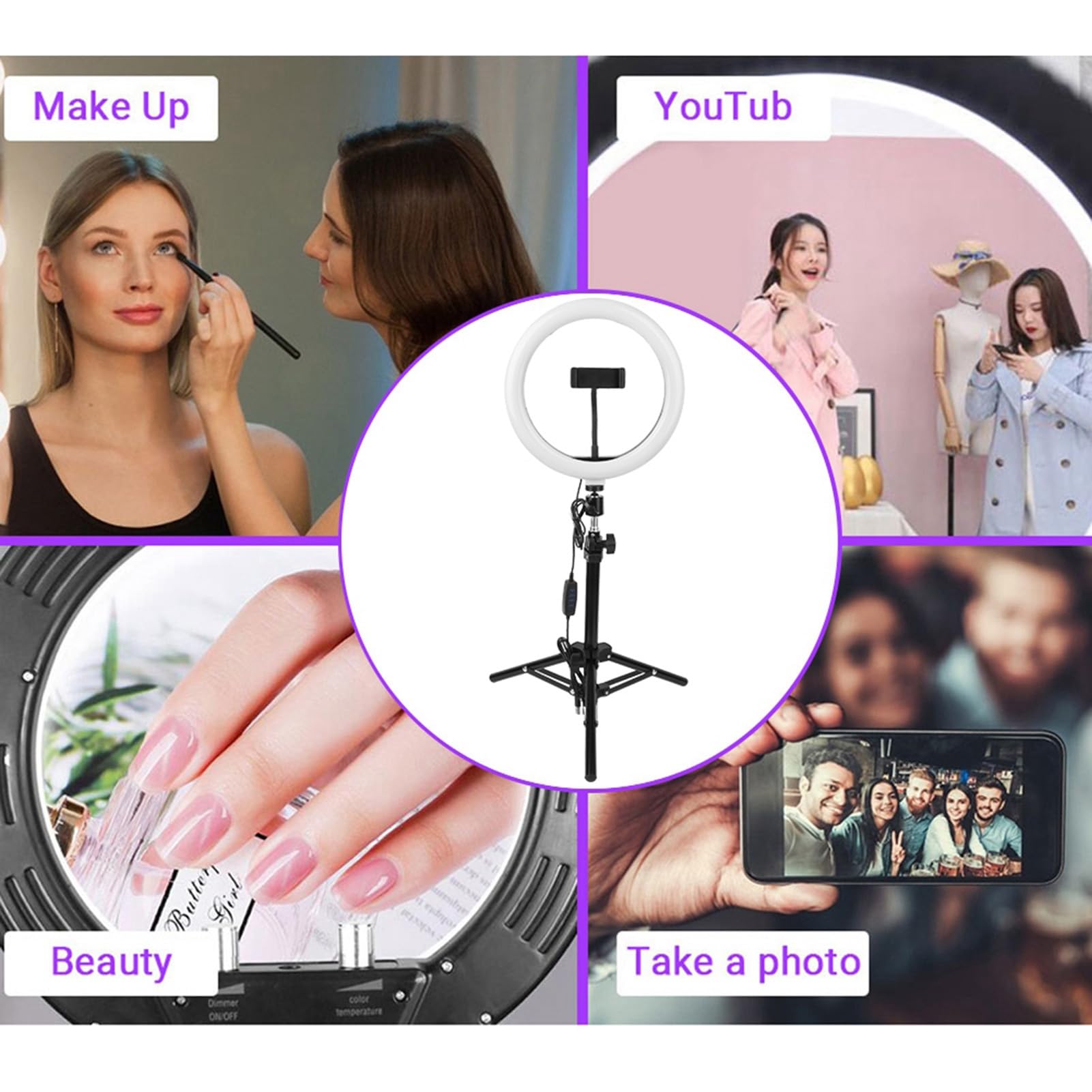 Luce Anulare a LED Dimmerabile con Treppiedi, Alimentazione USB, Ruotabile a 360°, Clip per Telefono per Studio Video di Trucco