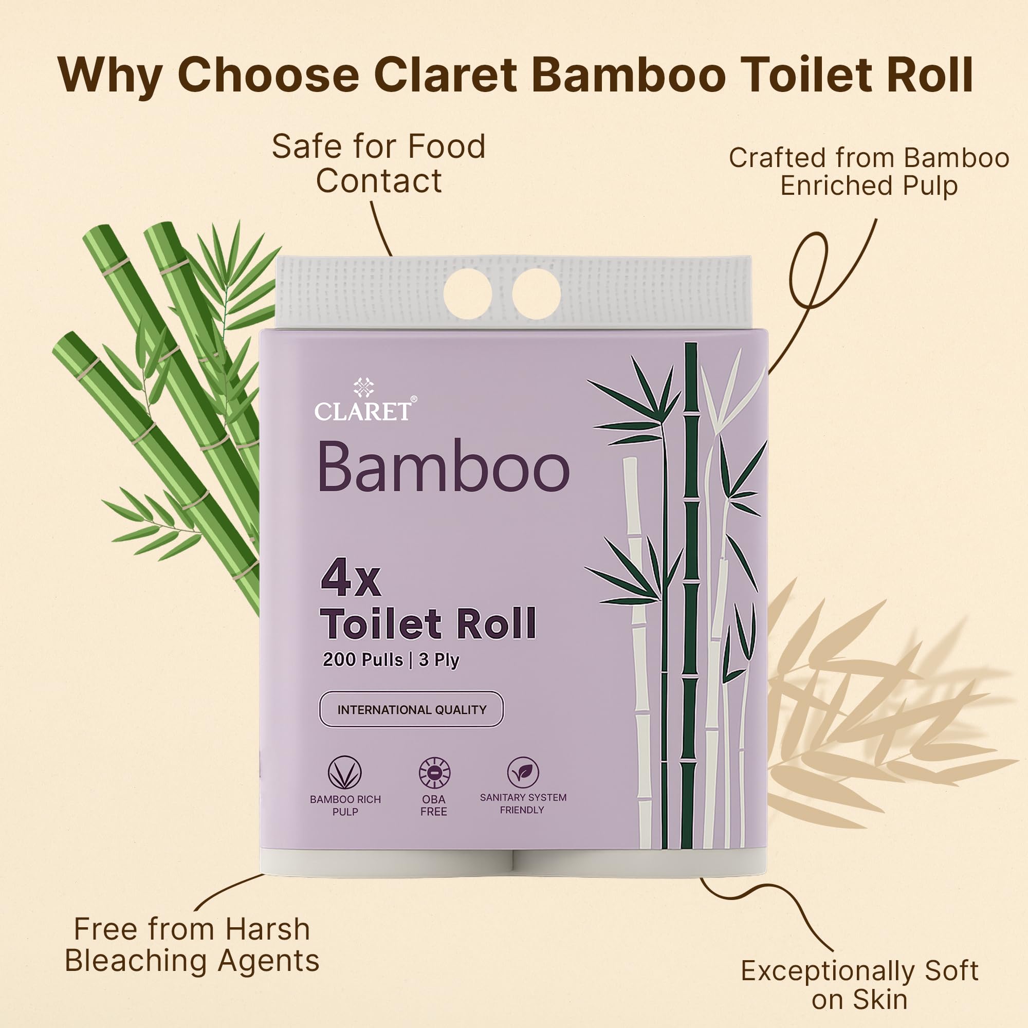 Claret Bamboo 3-Ply Toilet Roll (10 x 10 cm) | 200 Pulls Eco-Friendly | 4 Toilet Rolls in 1 Pack | OBA Free | Natural Bamboo Pulp (Pack Of 1 (4 Rolls)) - Image 2 thumbnail