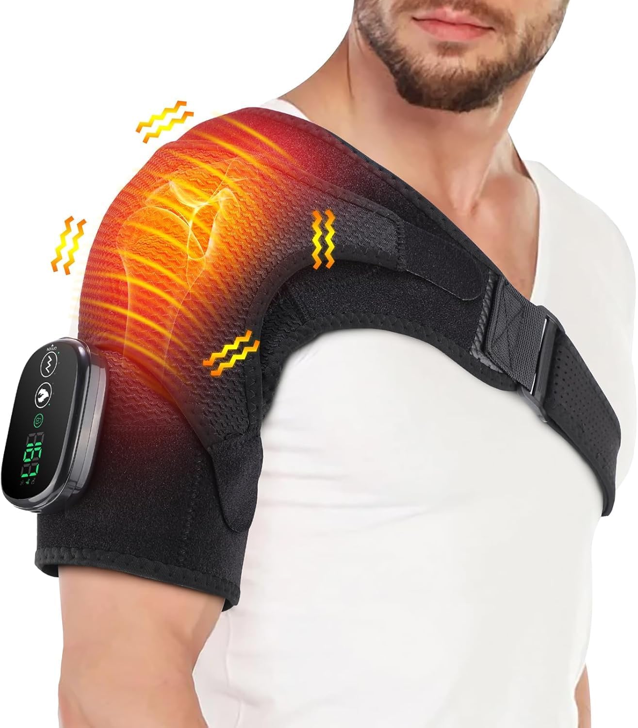 Gray Rechargeable Heated Shoulder Massager with LED Display - Adjustable Compression Wrap for Pain Relief and Relaxation