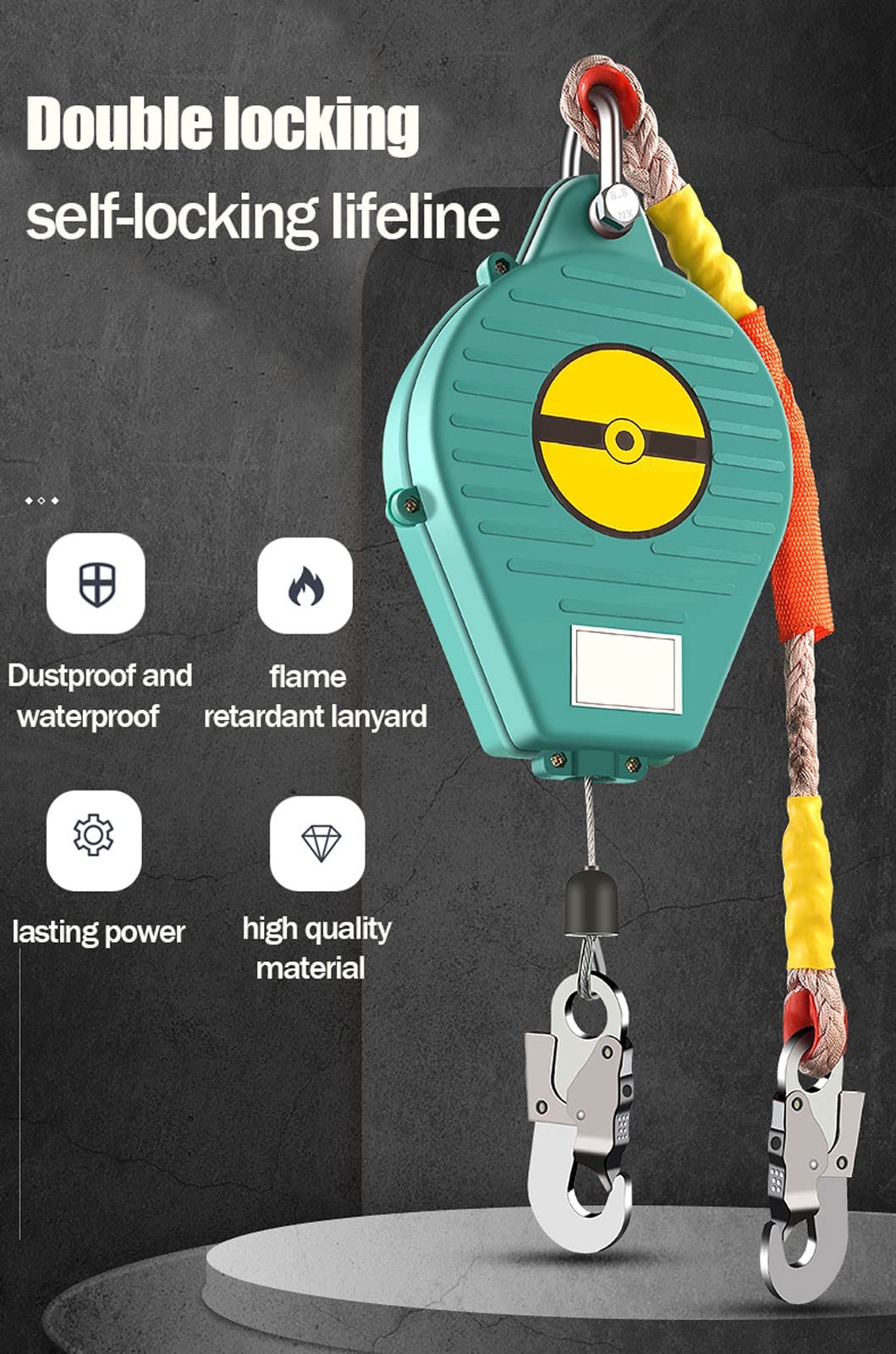 Dispositivo Anticaídas Retráctil, Arnes de Seguridad Anticaídas con Cuerda de Seguridad Ignífuga y Gancho Autoblocante, Equipo de Protección Personal para Trabajos en Altura, 7m