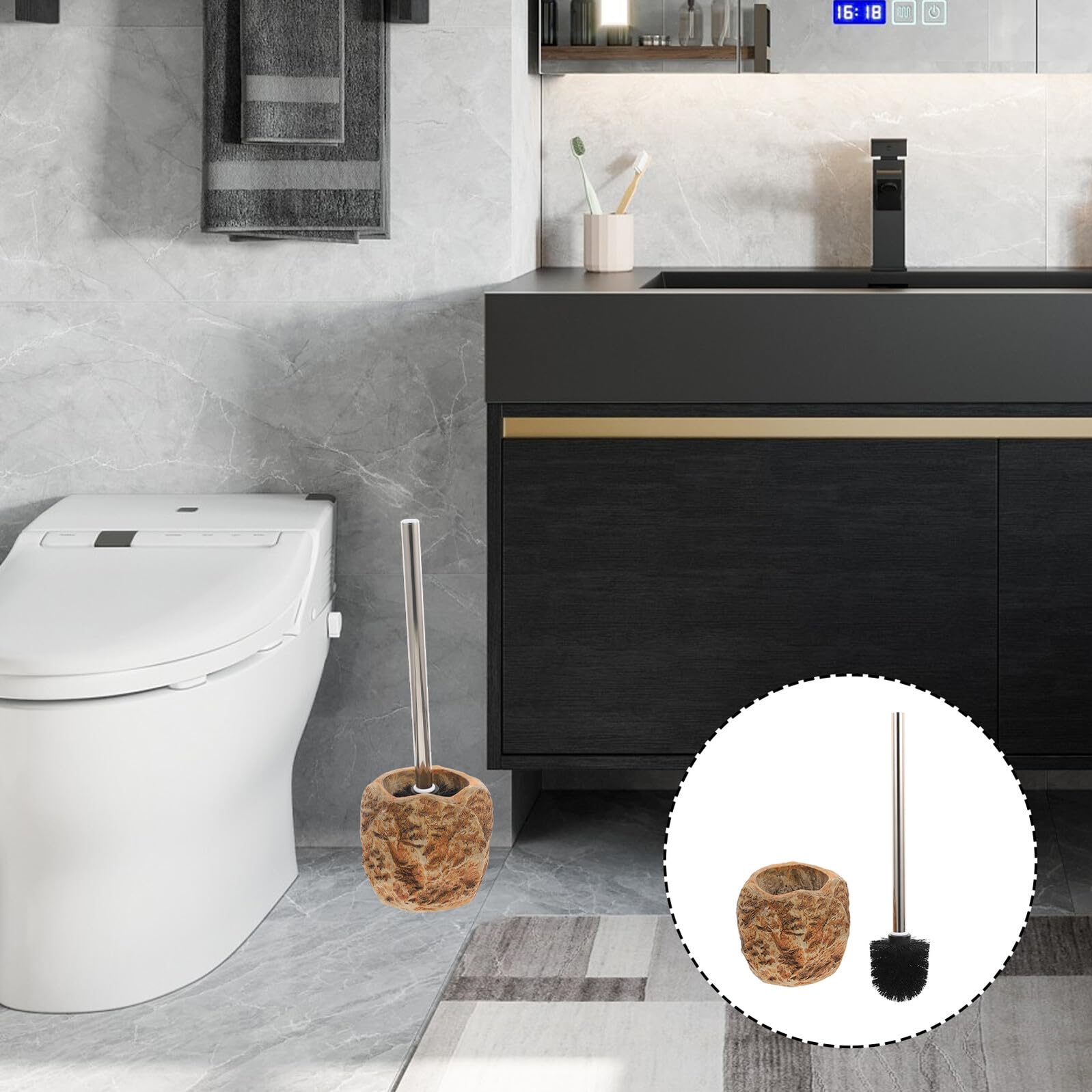 VALICLUD Escobilla para Limpieza de Baño Soporte de Cerámica y Mango de Acero Inoxidable, Accesorio Duradero y Práctico para Oficina y Centro Comercial Color Aleatorio