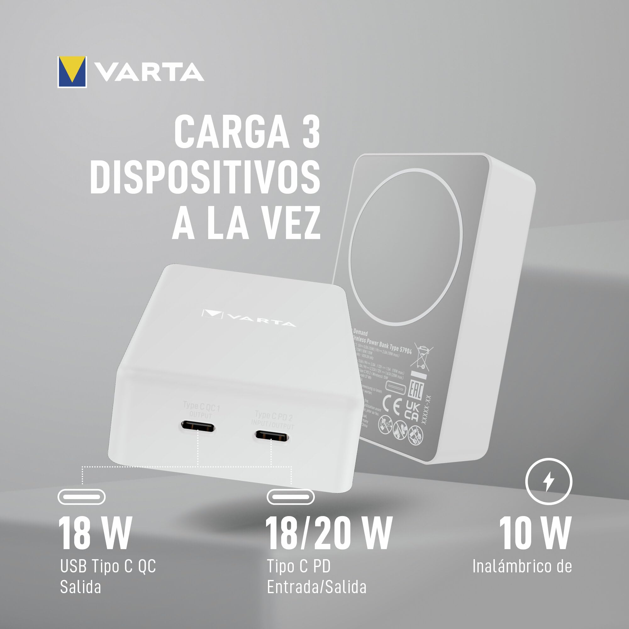 VARTA Power Bank 10000 mAh, mag Pro, magnético, inalámbrico, Color Blanco
