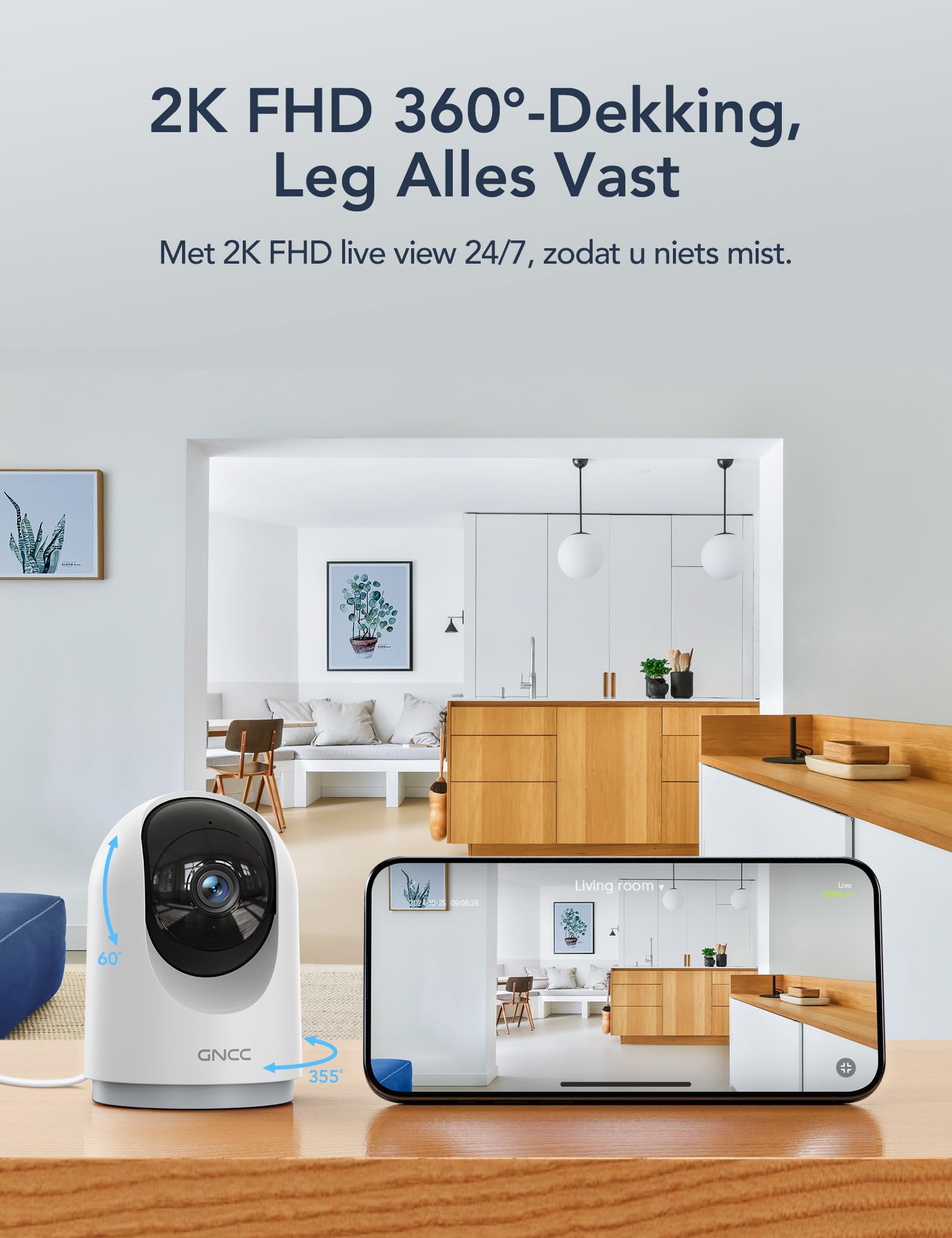 GNCC Externe wifi-camera, 2K 360 graden PTZ, buitencamera met nachtzicht, automatische tracking, bewegingsdetectie, IP66 waterdicht