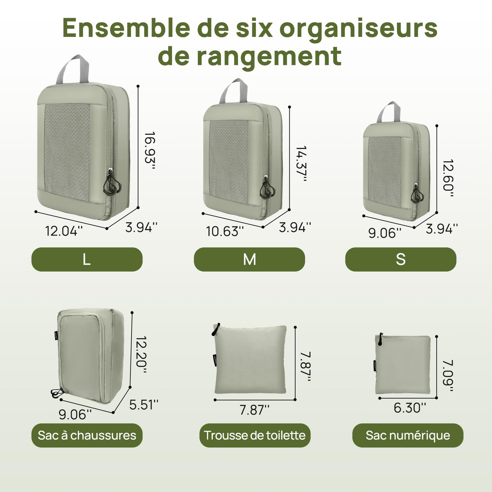 Rangement Valise, Ultraléger Organisateur Valise Compression, Extensible Voyage Packing Cubes Compression Sac Organiseurs de Bagage, Organisateur Valise Compressible (Gris Vert, 6 Pièces)