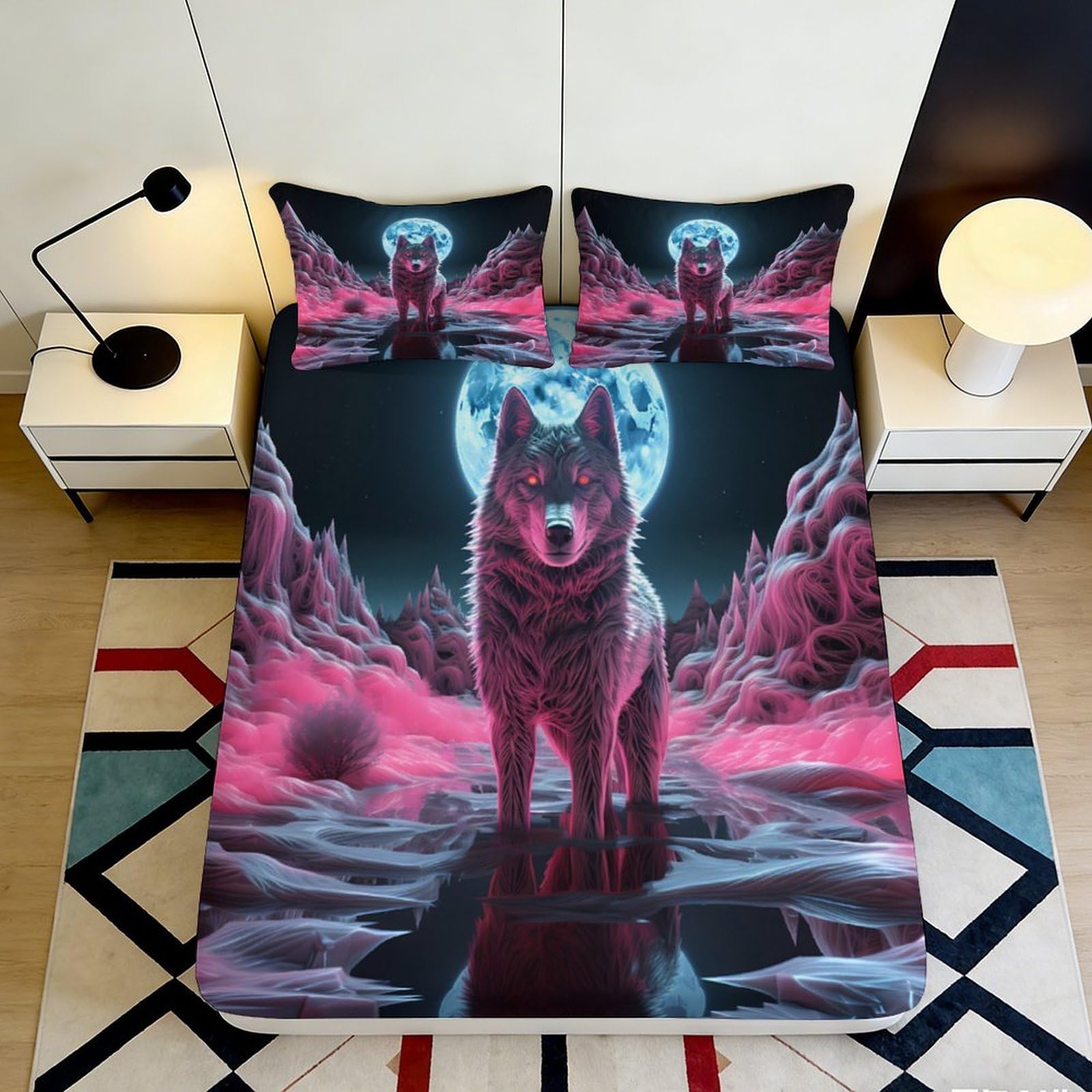 3D Printed Neon Wolf Fitted Sheet Microfiber Durable Breathable Moonlight Bed Cover for Bedroom Dormitory Guest Room Mattress Protection 180x200x25cm