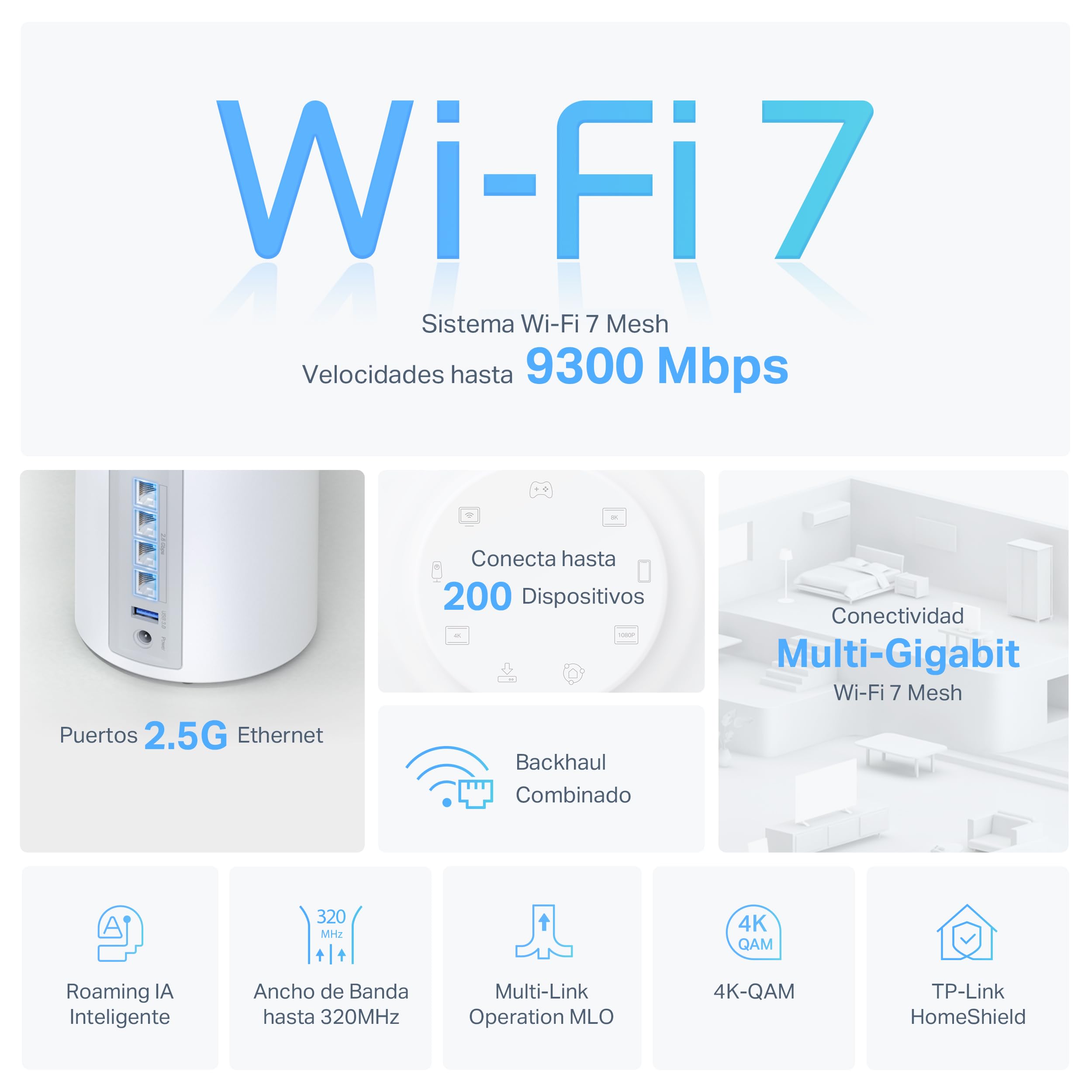 TP-Link Deco BE65(2-Pack) - WiFi 7 Mesh BE9300 Deco Tri-Band BE65 (Paquete de 2), Puerto Ethernet/Fibra 2.5 Gbps, Velocidad WiFi de hasta 9 Gbps, WPA3, Canales de 320 MHz, 6 GHz