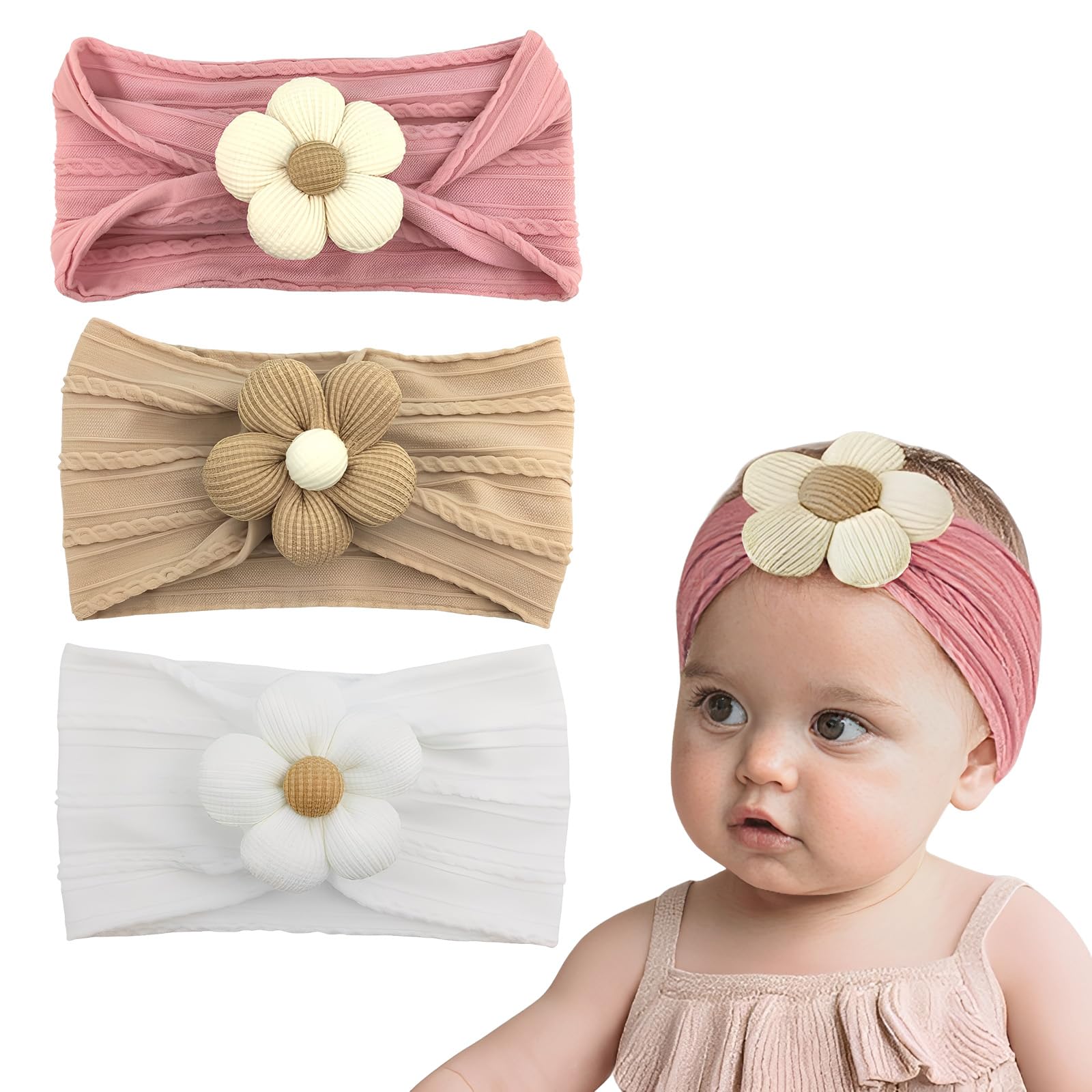 3 Stück Stirnband Baby Mädchen, Haarband Baby Mädchen, Weiches Elastische Blumen Haarband Mütze für Neugeborene Kleinkinder Zubehör