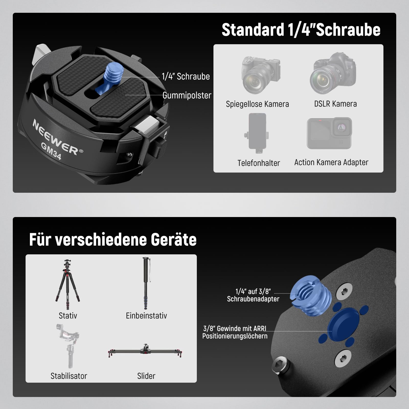 NEEWER GM34 Kamera Schnellwechselplatten Set, Schnellwechsel Automatikverriegelung, quadratische QR Montageplatte mit Arca Klemme, kompatibel mit Arca Swiss, Kameraklammer, maximale Belastung 11lb/5kg