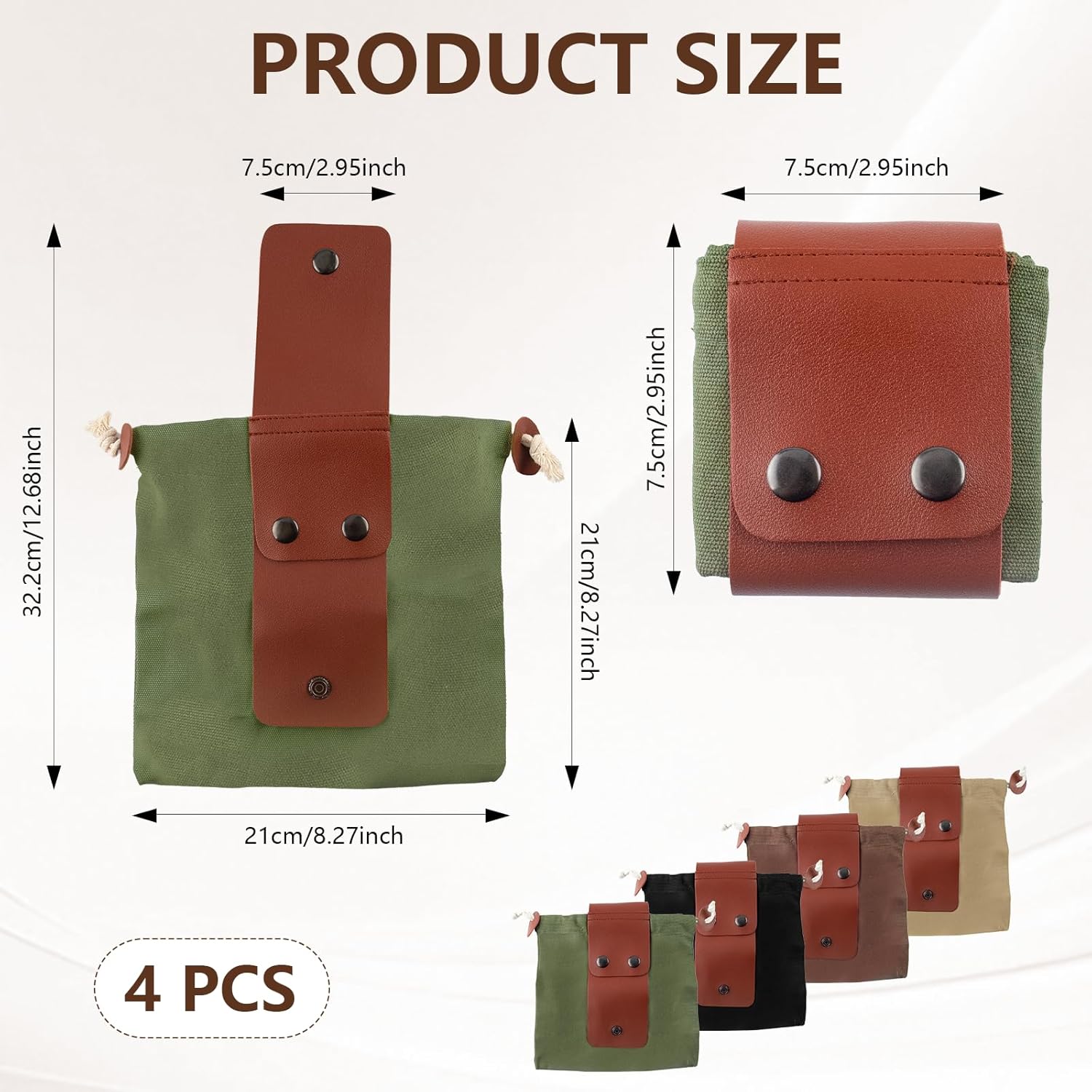 4 Pack Outdoor Foraging Bag, Collapsible Waxed Canvas Bag, Leather Foraging Pouch Basket for Camping, Hiking Hunting, Grocery Storage, 4 Colors - Image 2