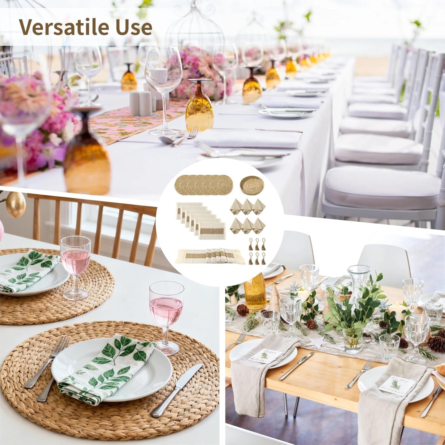 6 Sets Boho Table Decor Bundle, Round Woven Placemats, Long Table Runner 70.9 in, Seagrass Tray, Linen Tassel Napkins, Bulk Value Pack, Bohemian Dining Decor for Wedding Party