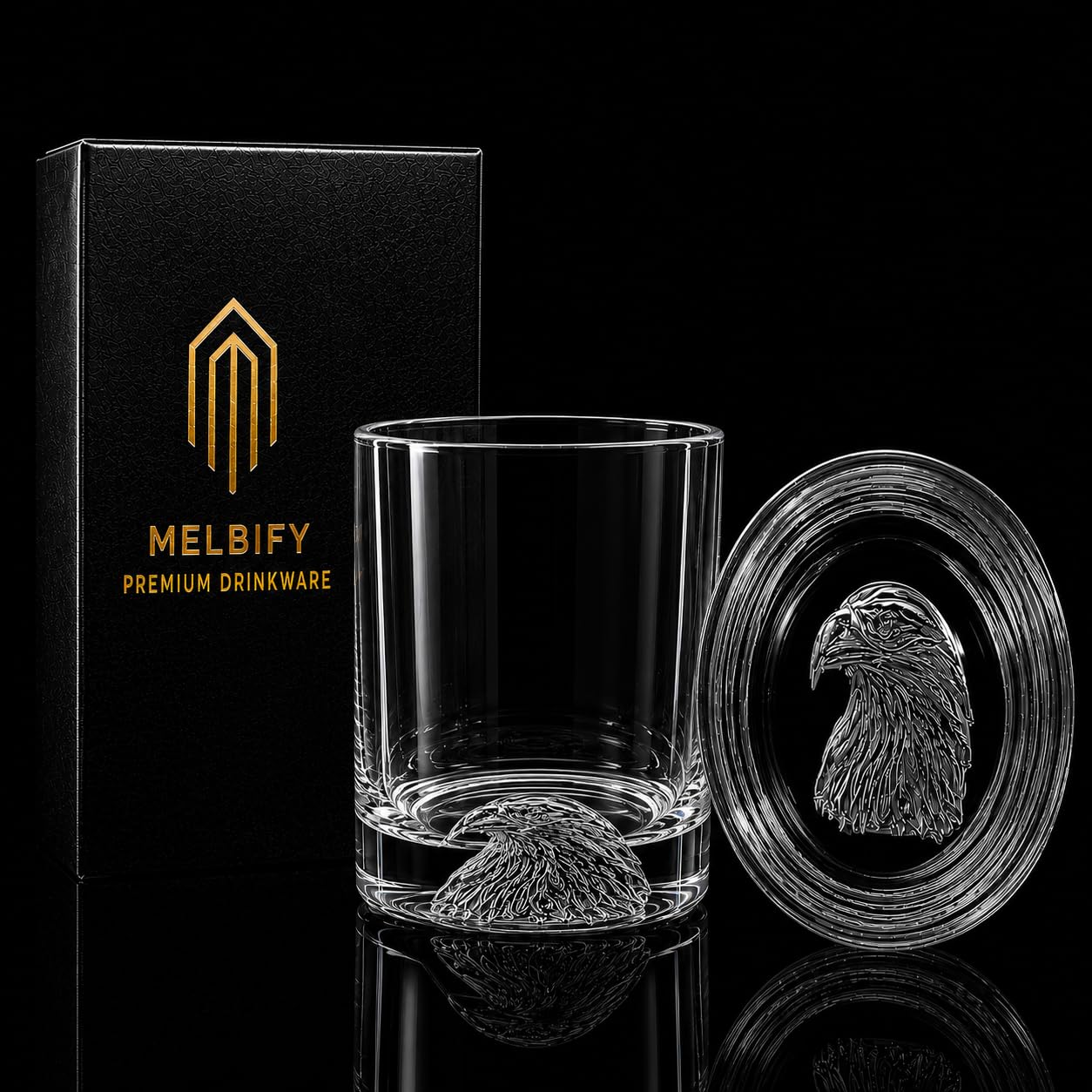 Melbify Eagle Whiskey Glass | Set of 4 | 300 ml | Animal Whiskey Glasses | Old Fashioned Whisky Glass| Premium | Unique| Big| Broad | Round Glass with Thick Bottom