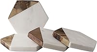 Vista 1 de GoCraft Posavasos de madera de mármol y mango – Juego de 4 posavasos geométricos hechos a mano de mármol blanco para bebidas, copas de vino