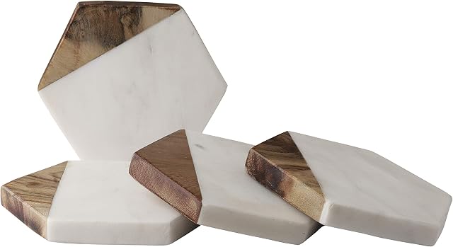 GoCraft Marble & Wood Coasters | Handcrafted Geometric White Marble Coasters with Mango Wood for Your Drinks, Beverages & Wine/Bar Glasses (Set of 4)
