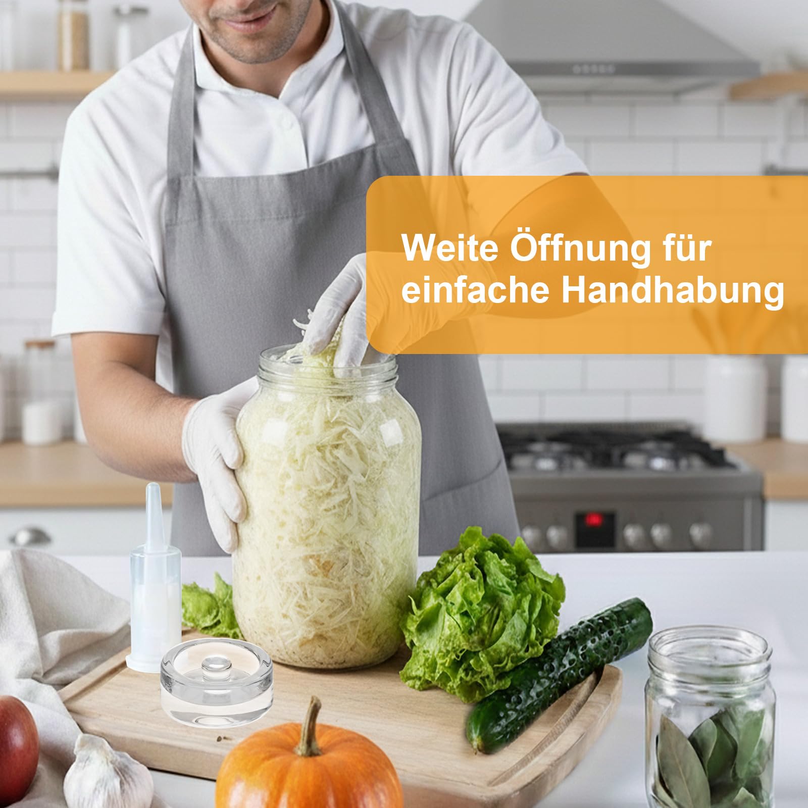 Fermentierglas 2 Stück 2L, 64oz Kimchi Behälter mit Luftschleuse und Gewicht, Breiter Mund Fermentiergläser mit Holzstößel, Kefir Glas mit Deckel, für Pickles, Sauerkraut, Sauerteig Starter