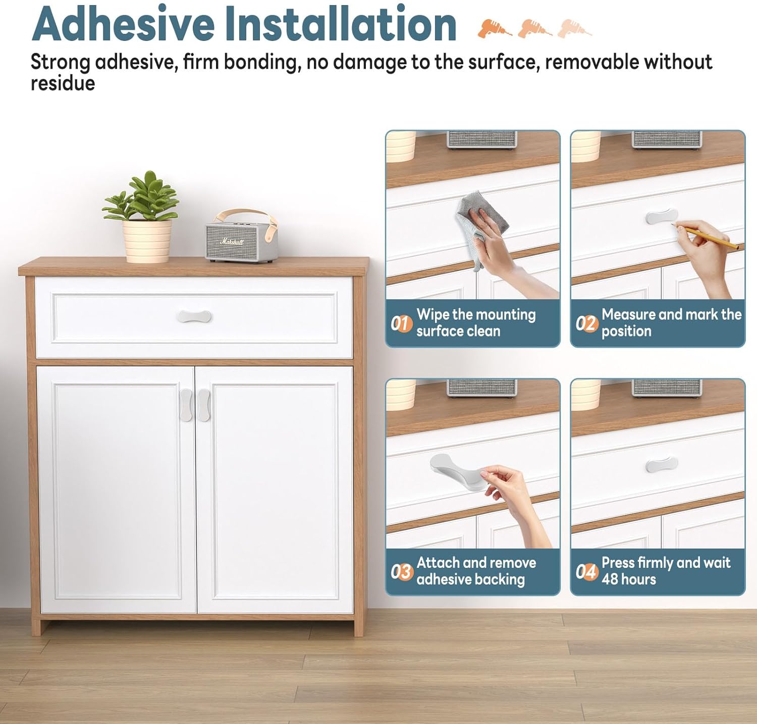 8 Pack White Adhesive Cabinet Knobs, 3 Inch No-Drill Self-Stick Pull Handles, Aluminum Alloy Stick on Drawer Knobs for Sliding Barn/Balcony Doors, Windows, Closets, Wardrobes (8, White)